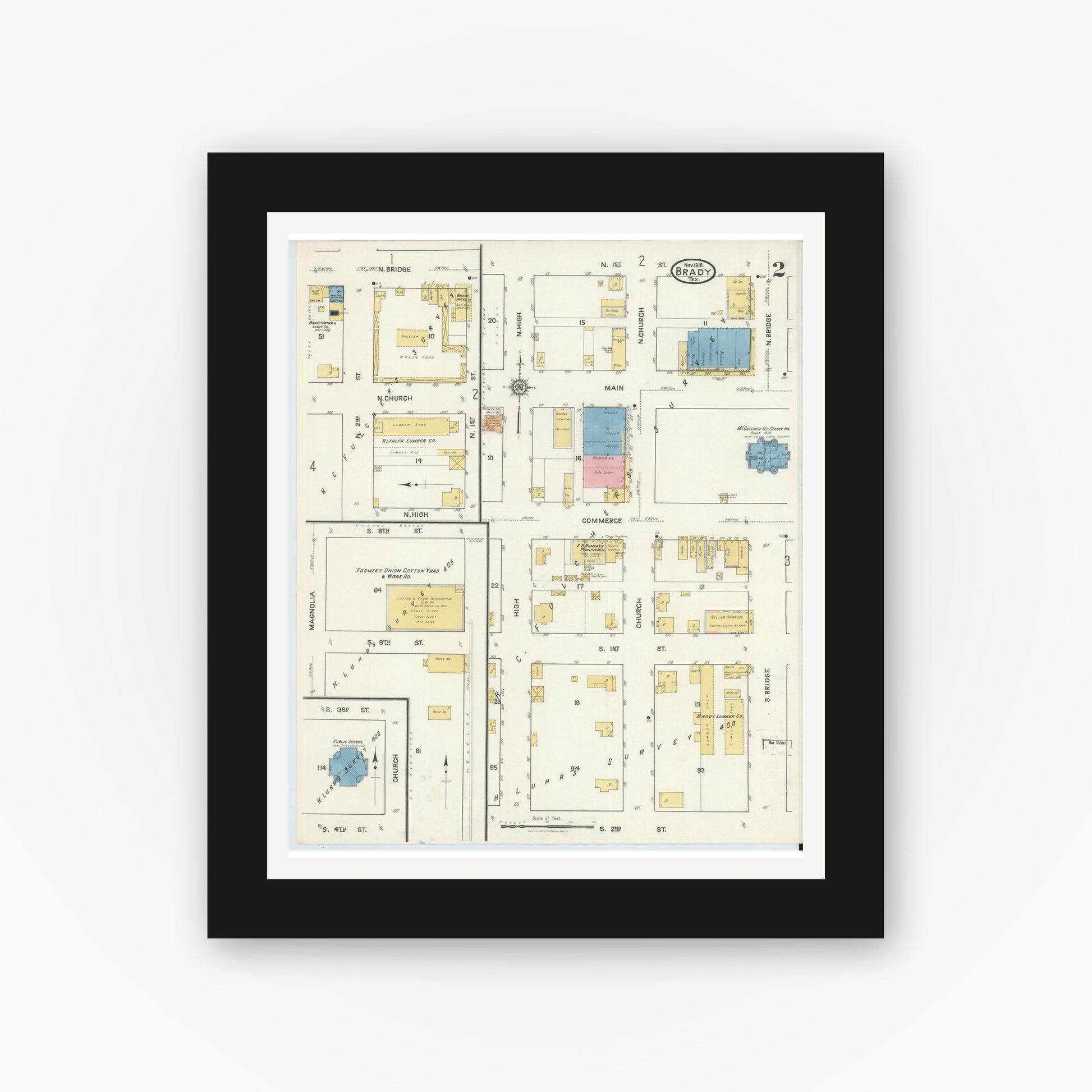 Old map wall art mockup — black gallery frame with white mat — Sanborn Fire Insurance Map from Brady, McCulloch County, Texas (1916), Sheet #0002
