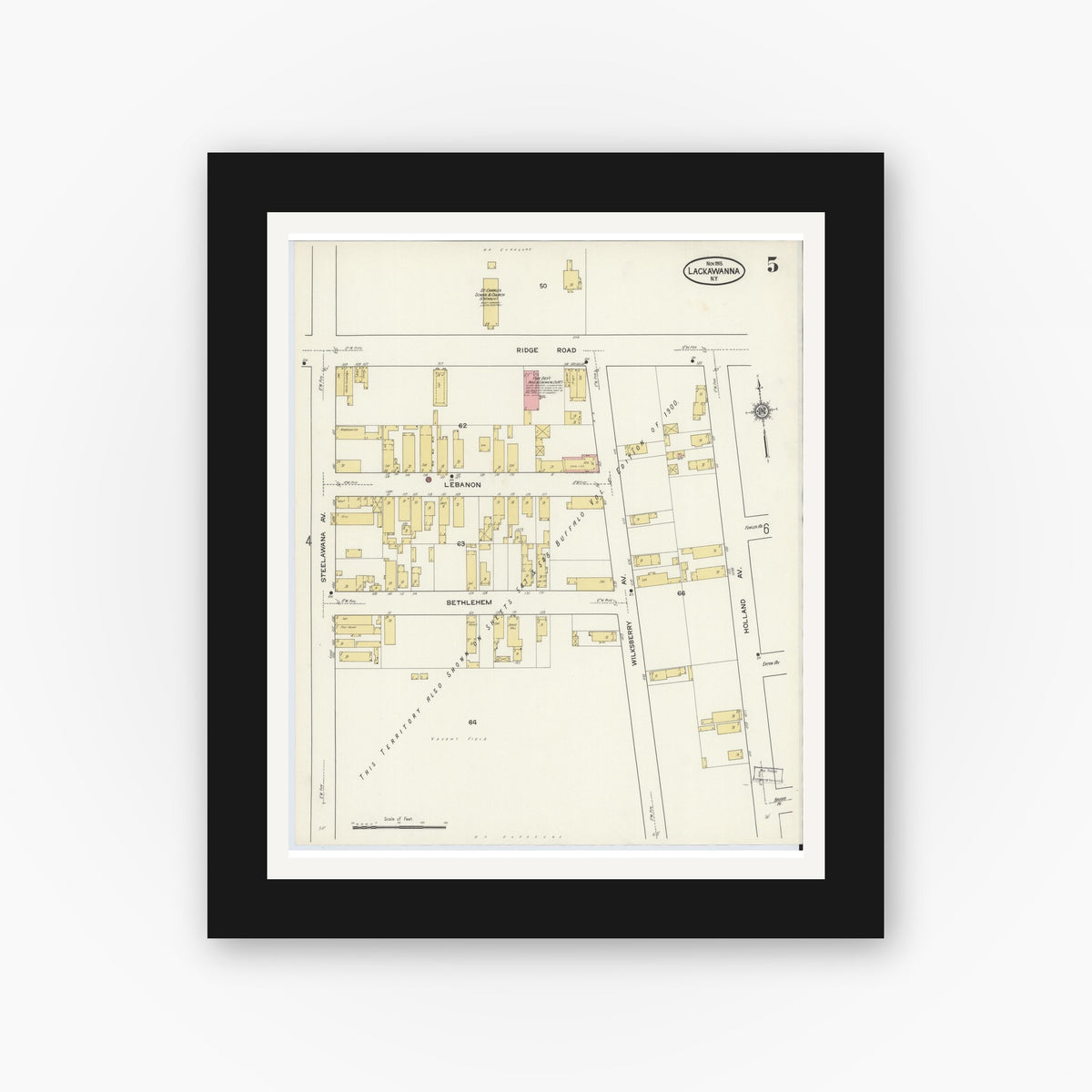 Old map wall art mockup — black gallery frame with white mat — Sanborn Fire Insurance Map from Lackawanna, Erie County, New York (1915), Sheet #0005