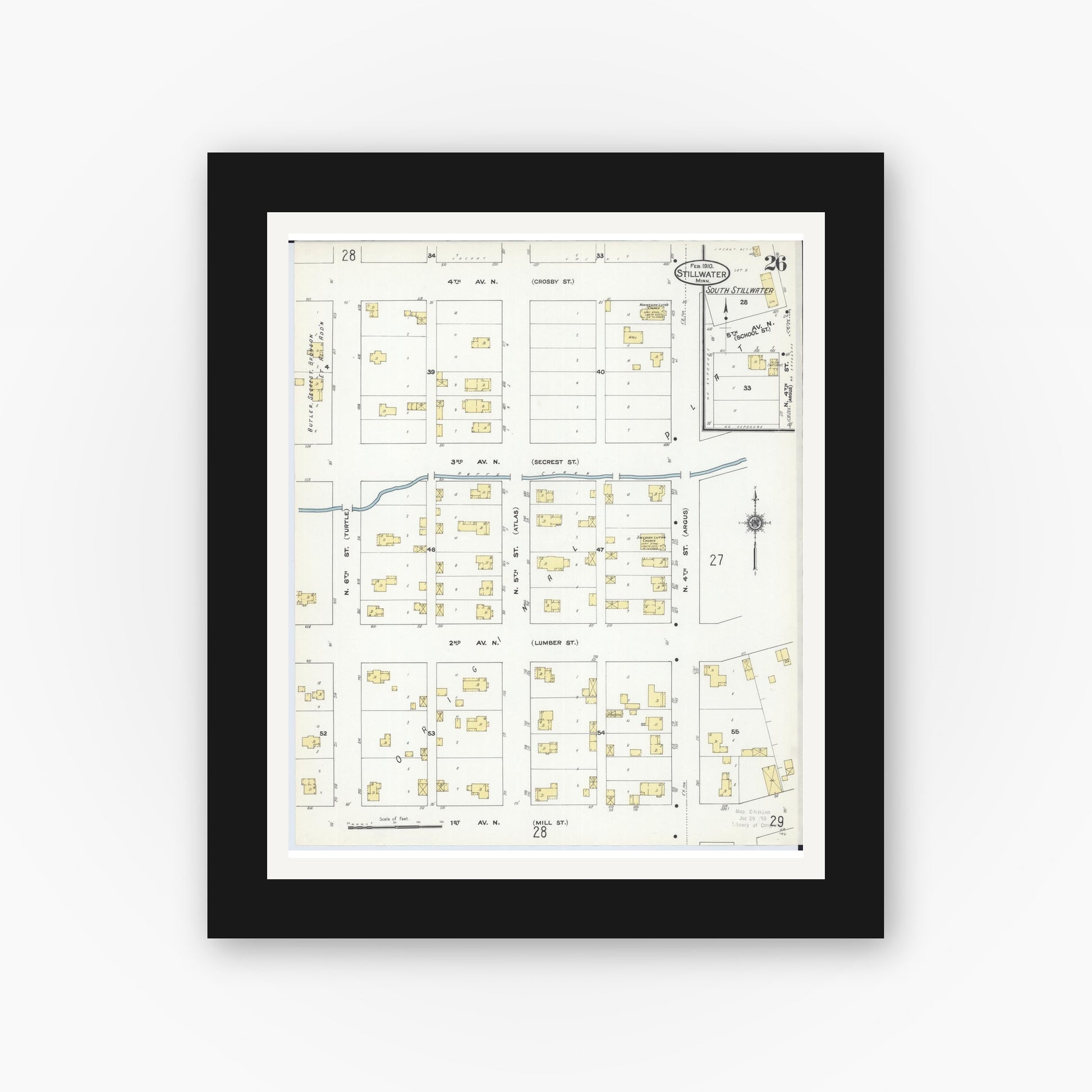 Old map wall art mockup — black gallery frame with white mat — Sanborn Fire Insurance Map from Stillwater, Washington County, Minnesota (1910), Sheet #0026
