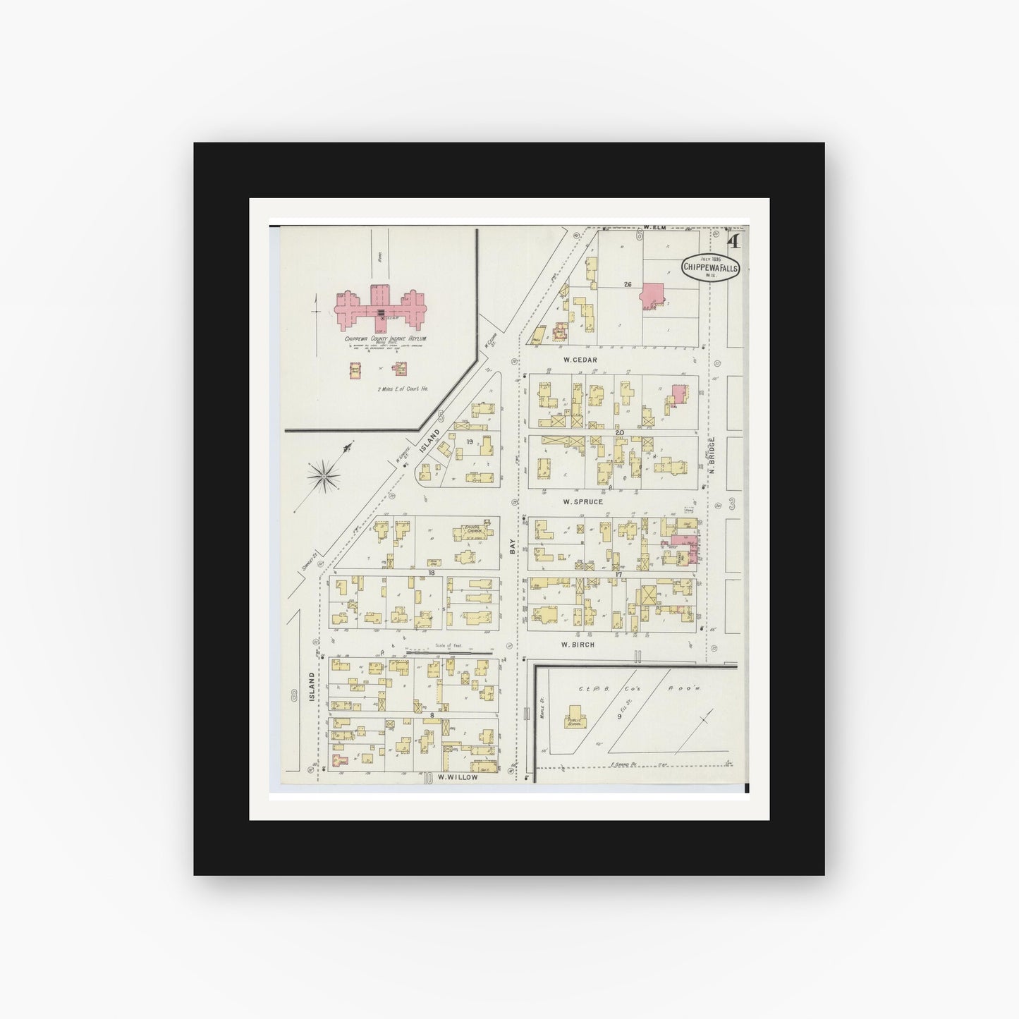 Old map wall art mockup — black gallery frame with white mat — Sanborn Fire Insurance Map from Chippewa Falls, Chippewa County, Wisconsin (1895), Sheet #0004