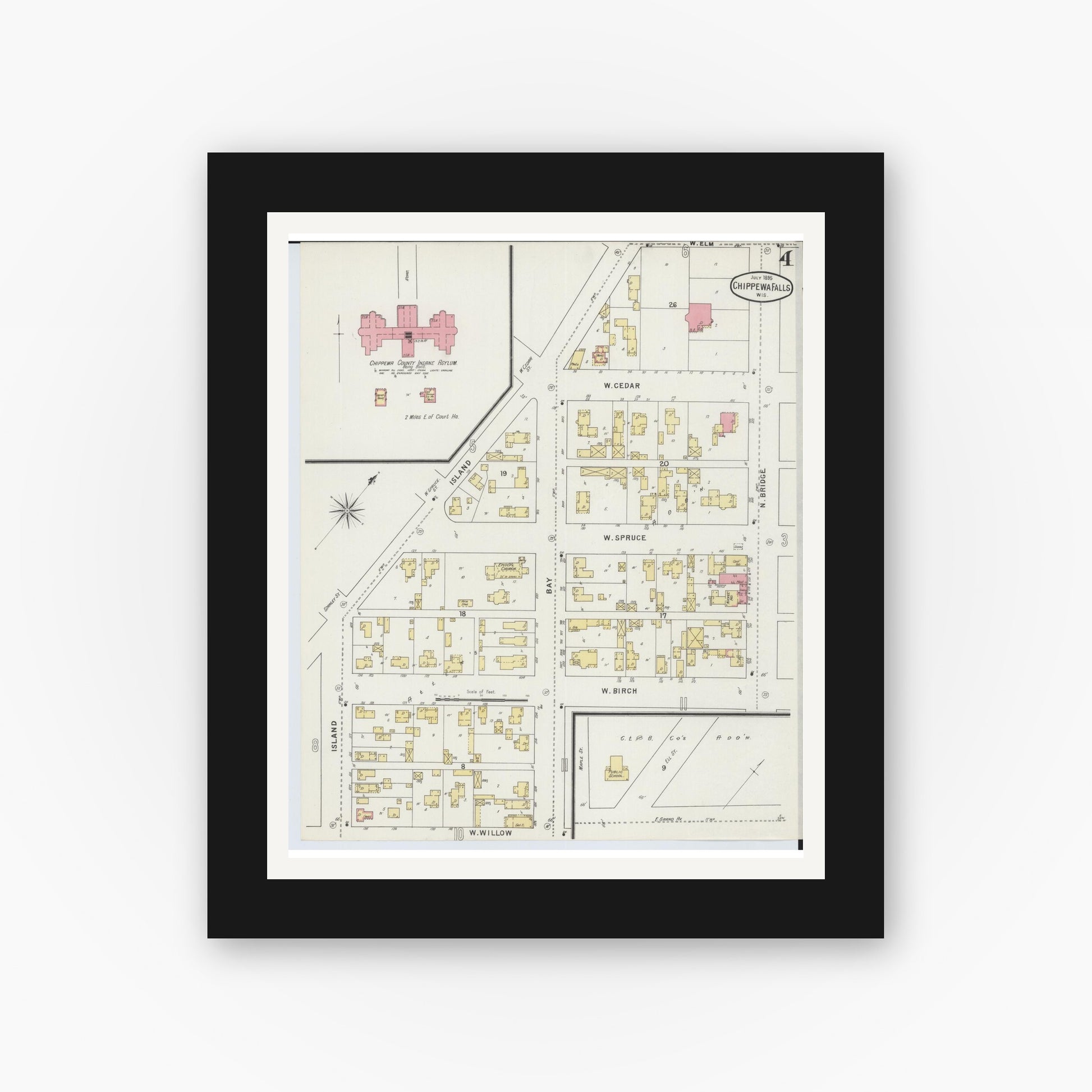 Old map wall art mockup — black gallery frame with white mat — Sanborn Fire Insurance Map from Chippewa Falls, Chippewa County, Wisconsin (1895), Sheet #0004