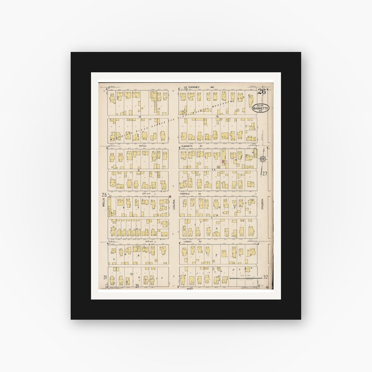 Old map wall art mockup — black gallery frame with white mat — Sanborn Fire Insurance Map from Marinette, Marinette County, Wisconsin (1921), Sheet #0026