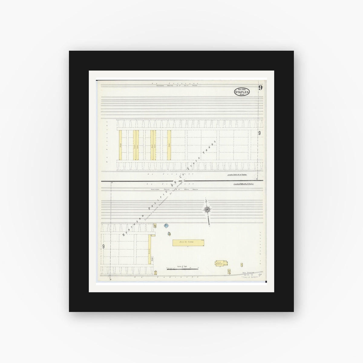 Old map wall art mockup — black gallery frame with white mat — Sanborn Fire Insurance Map from Staples, Todd County, Minnesota (1909), Sheet #0009