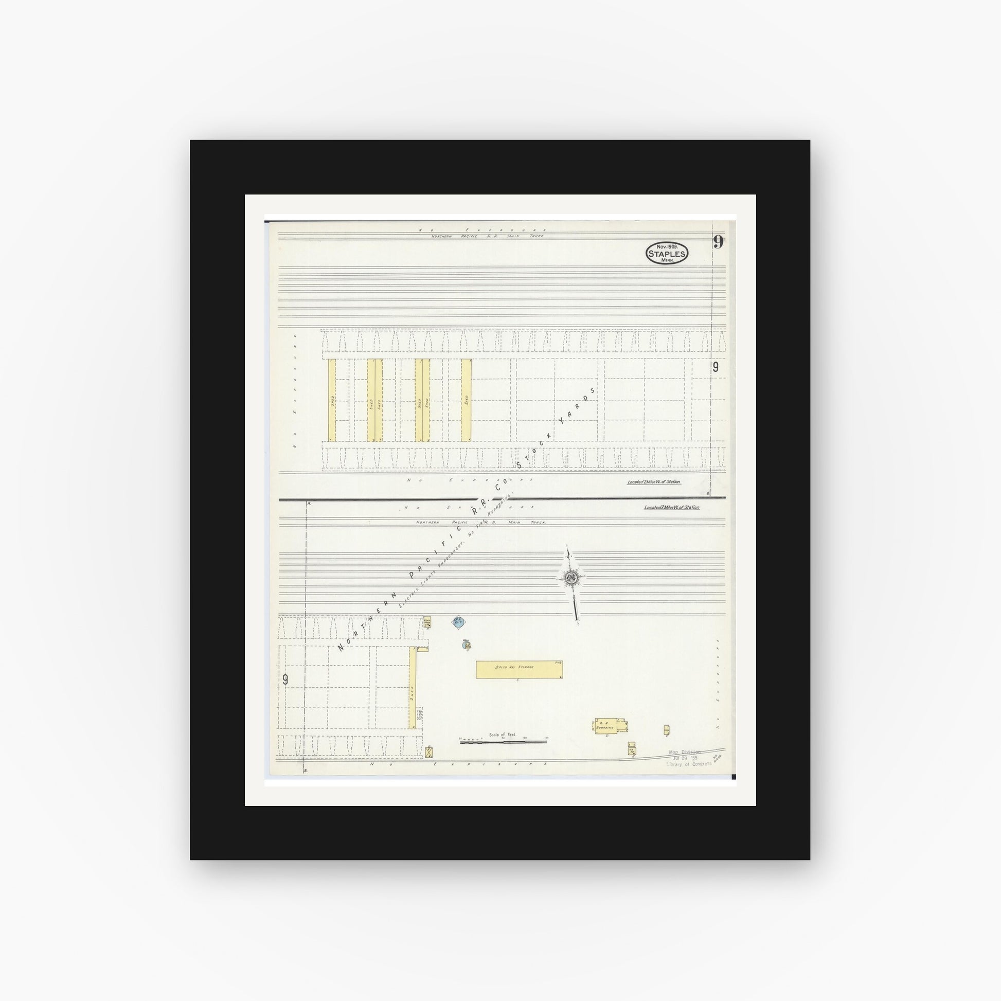 Old map wall art mockup — black gallery frame with white mat — Sanborn Fire Insurance Map from Staples, Todd County, Minnesota (1909), Sheet #0009