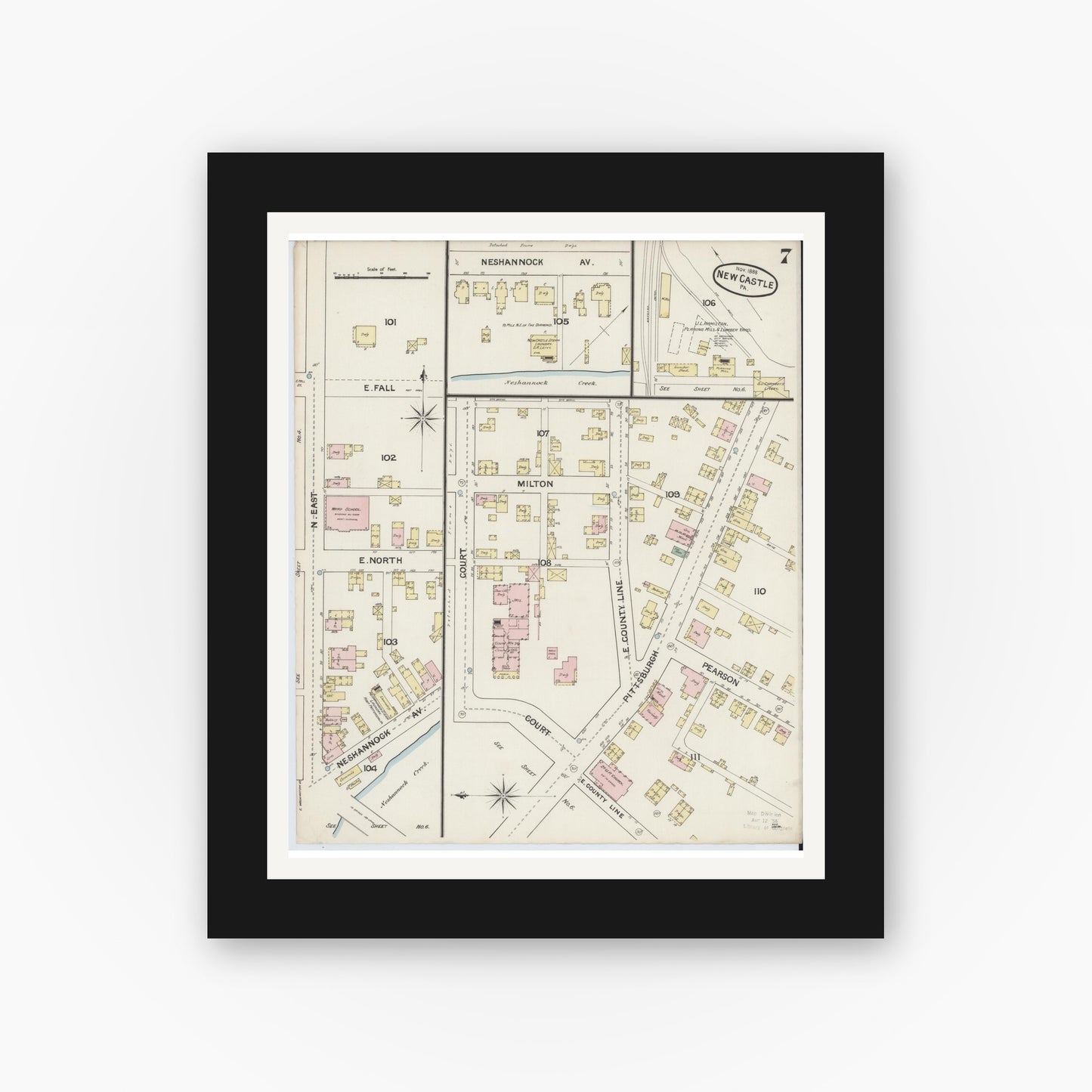 Old map wall art mockup — black gallery frame with white mat — Sanborn Fire Insurance Map from New Castle, Lawrence County, Pennsylvania (1888), Sheet #0007