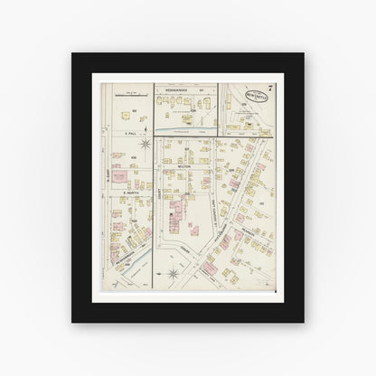 Old map wall art mockup — black gallery frame with white mat — Sanborn Fire Insurance Map from New Castle, Lawrence County, Pennsylvania (1888), Sheet #0007