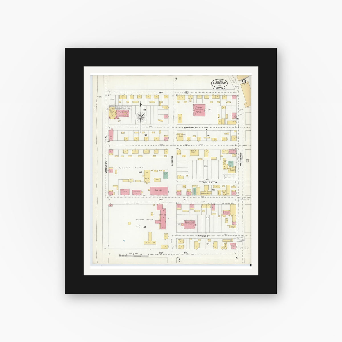 Old map wall art mockup — black gallery frame with white mat — Sanborn Fire Insurance Map from Ambridge, Beaver County, Pennsylvania (1905), Sheet #0009