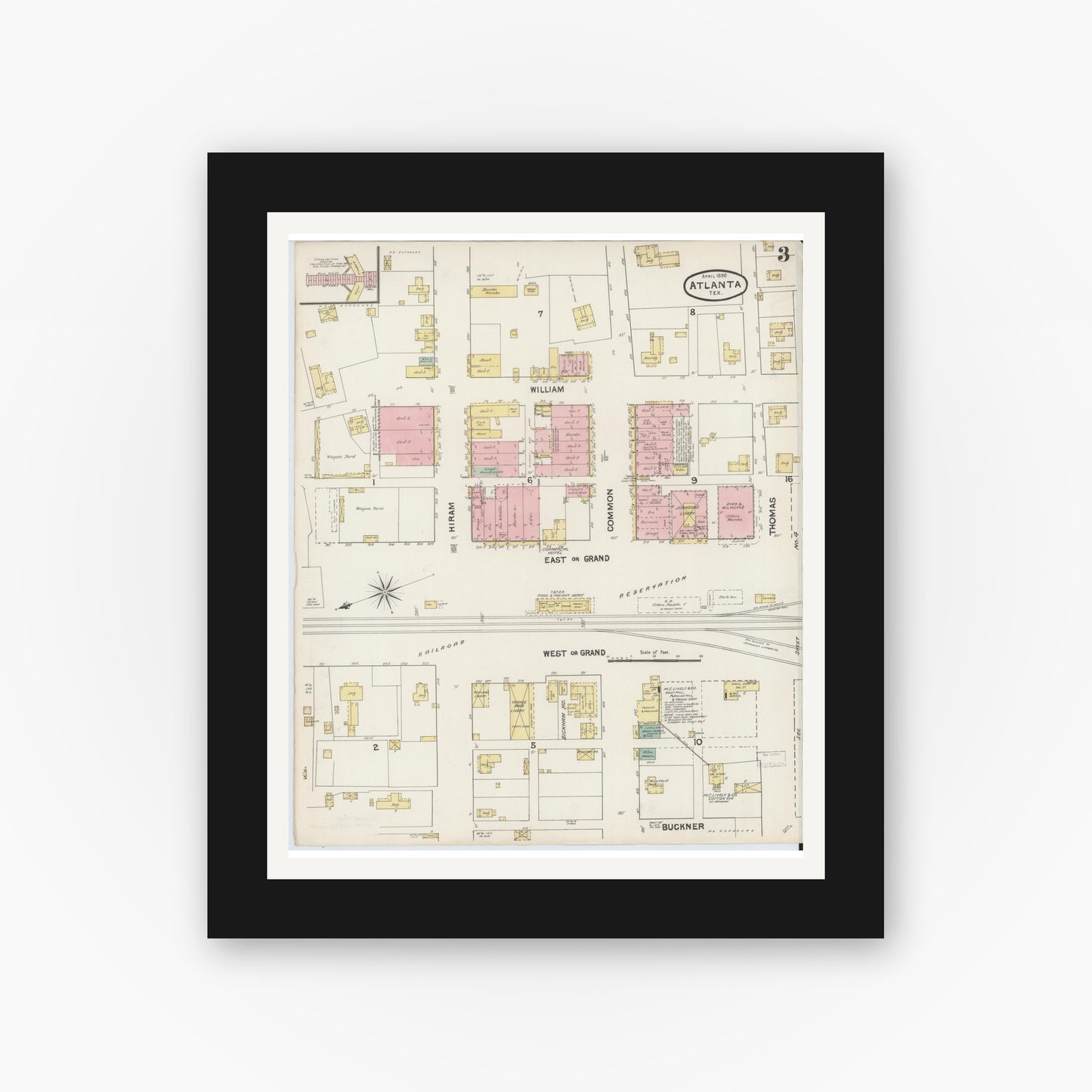 Old map wall art mockup — black gallery frame with white mat — Sanborn Fire Insurance Map from Atlanta, Cass County, Texas (1890), Sheet #0003