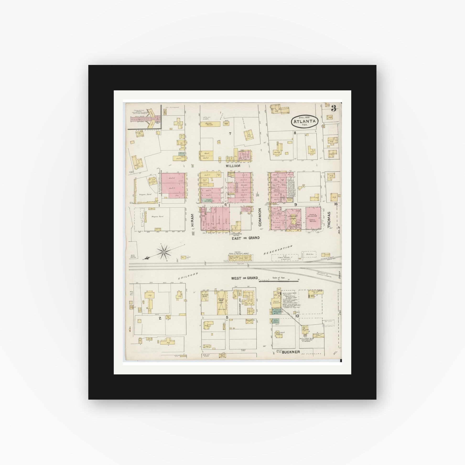 Old map wall art mockup — black gallery frame with white mat — Sanborn Fire Insurance Map from Atlanta, Cass County, Texas (1890), Sheet #0003