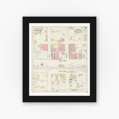 Old map wall art mockup — black gallery frame with white mat — Sanborn Fire Insurance Map from Atlanta, Cass County, Texas (1890), Sheet #0003