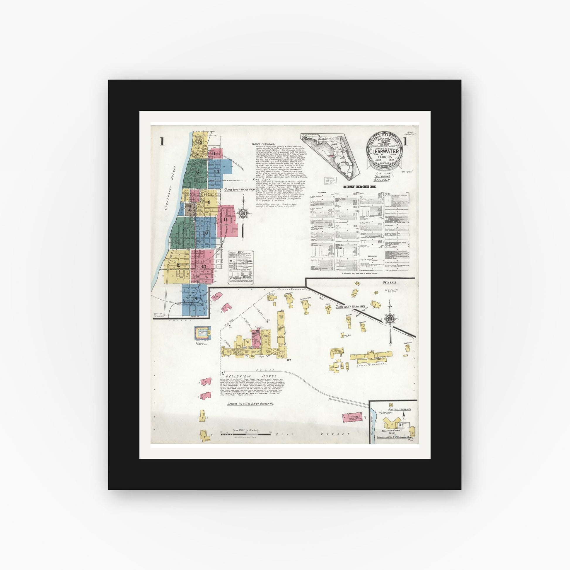 Old map wall art mockup — black gallery frame with white mat — Sanborn Fire Insurance Map from Clearwater, Pinellas County, Florida (1923) - Complete Map Set