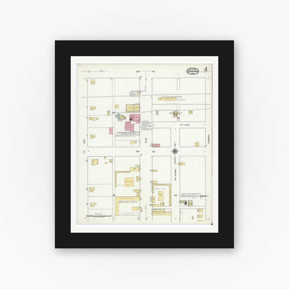 Old map wall art mockup — black gallery frame with white mat — Sanborn Fire Insurance Map from Graham, Young County, Texas (1920), Sheet #0004