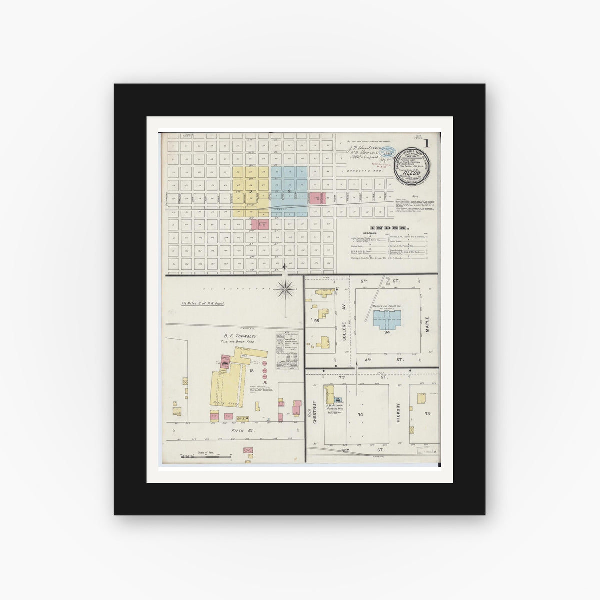 Old map wall art mockup — black gallery frame with white mat — Sanborn Fire Insurance Map from Aledo, Mercer County, Illinois (1894), Sheet #0001