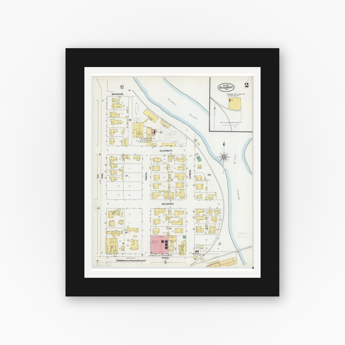Old map wall art mockup — black gallery frame with white mat — Sanborn Fire Insurance Map from Beaumont, Jefferson County, Texas (1902), Sheet #0002