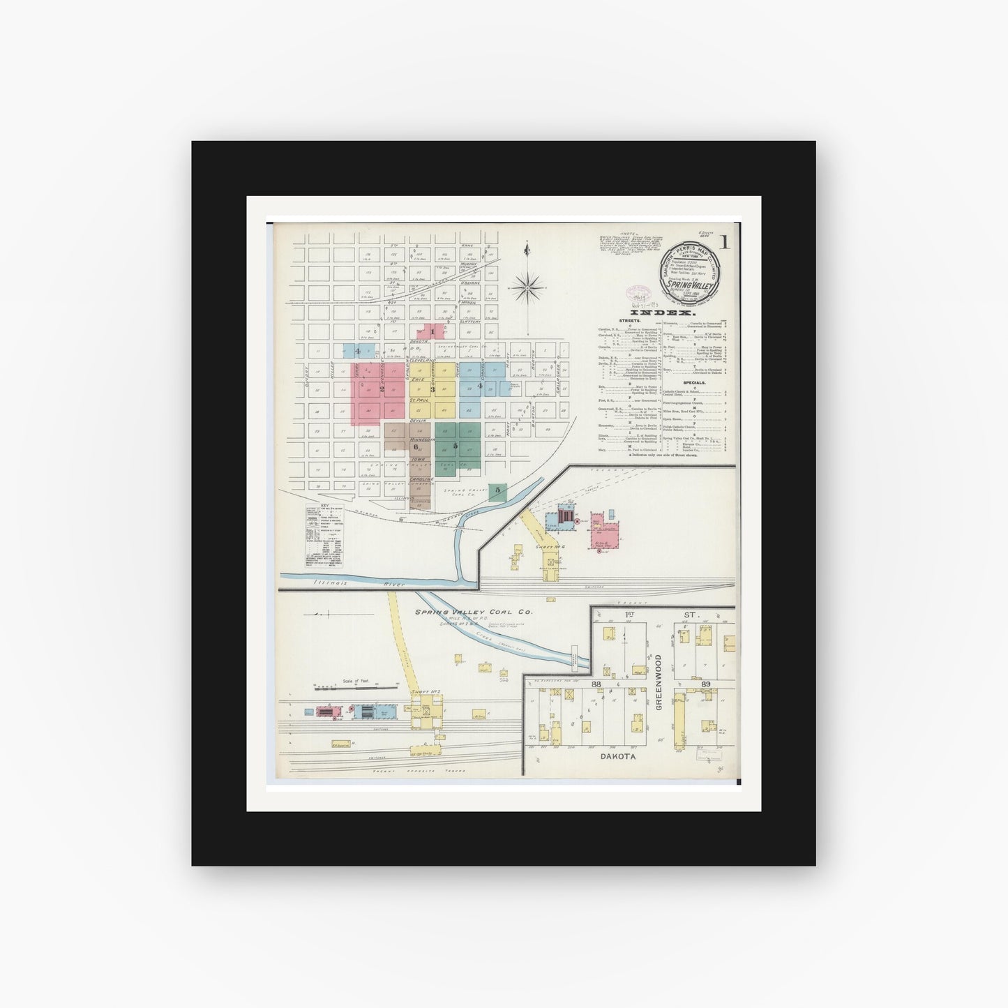 Old map wall art mockup — black gallery frame with white mat — Sanborn Fire Insurance Map from Spring Valley, Bureau County, Illinois (1893) - Complete Map Set