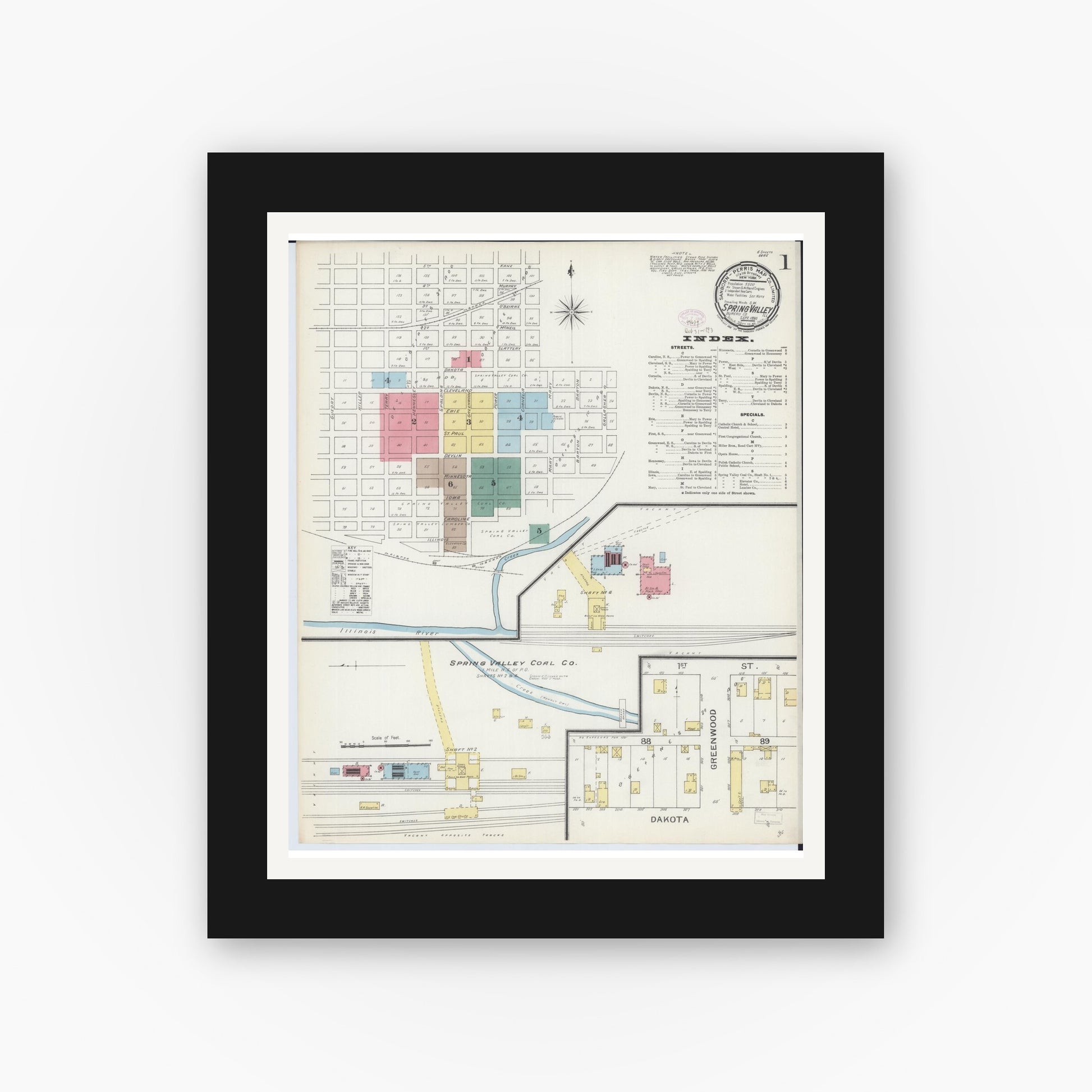 Old map wall art mockup — black gallery frame with white mat — Sanborn Fire Insurance Map from Spring Valley, Bureau County, Illinois (1893) - Complete Map Set