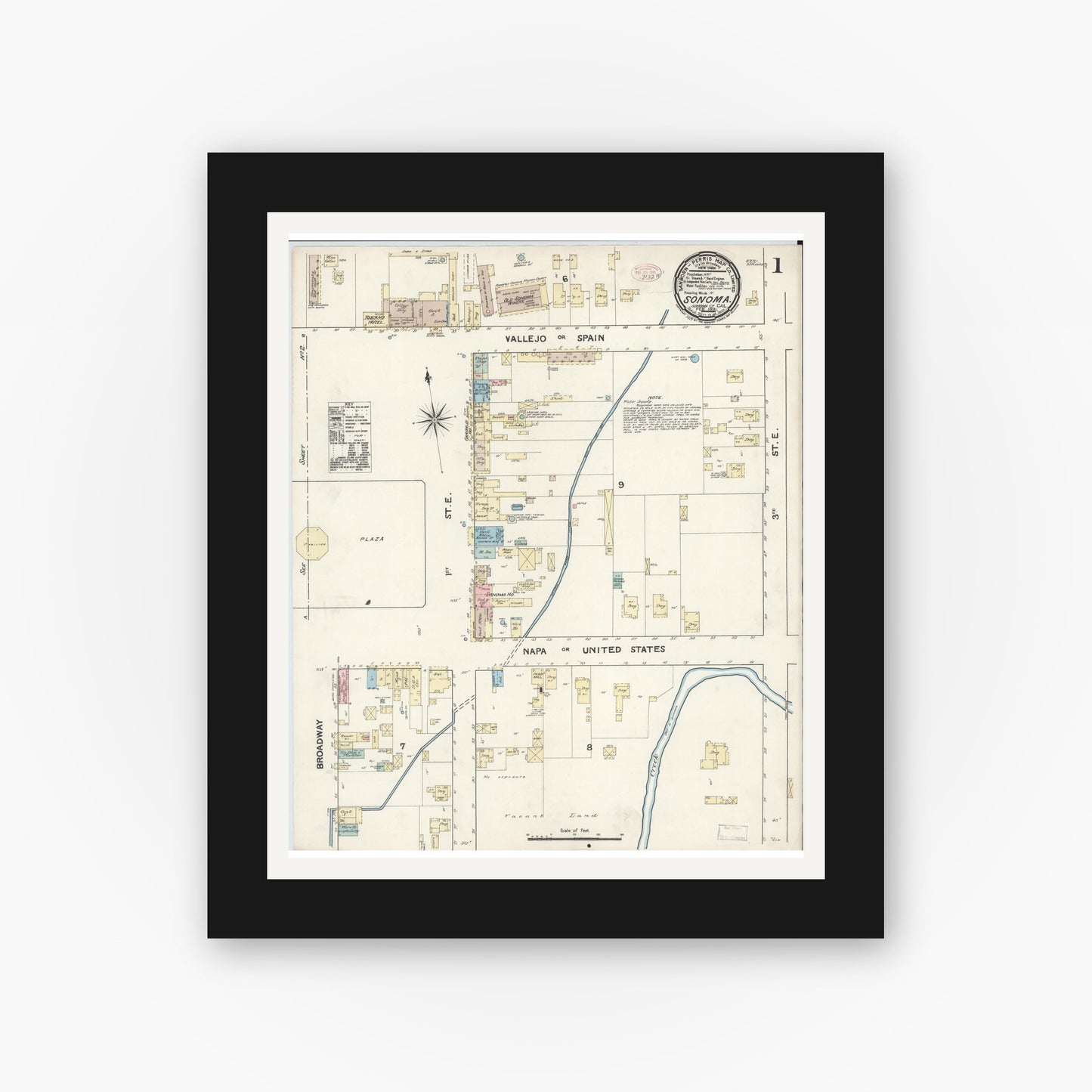 Old map wall art mockup — black gallery frame with white mat — Sanborn Fire Insurance Map from Sonoma, Sonoma County, California (1891) - Complete Map Set