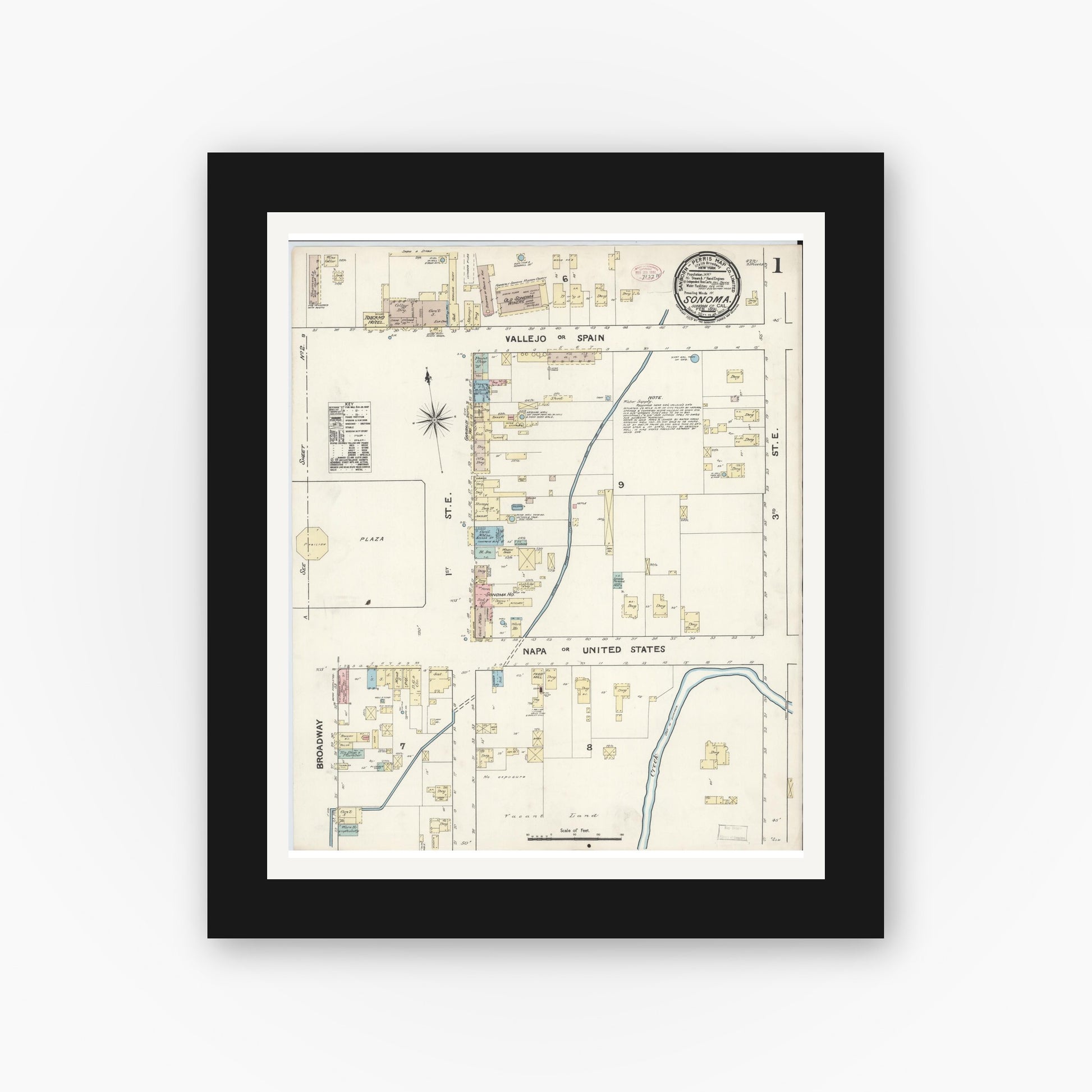 Old map wall art mockup — black gallery frame with white mat — Sanborn Fire Insurance Map from Sonoma, Sonoma County, California (1891) - Complete Map Set