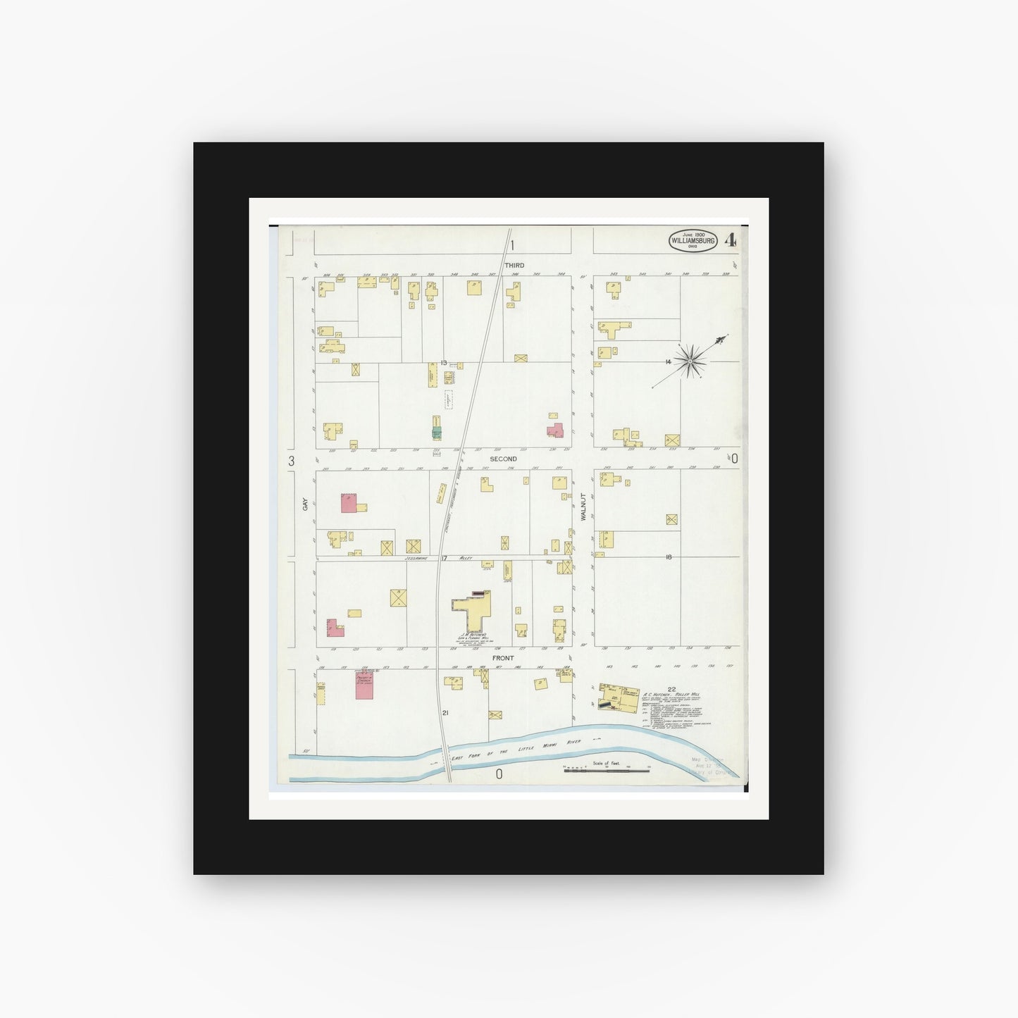 Old map wall art mockup — black gallery frame with white mat — Sanborn Fire Insurance Map from Williamsburg, Clermont County, Ohio (1900), Sheet #0004