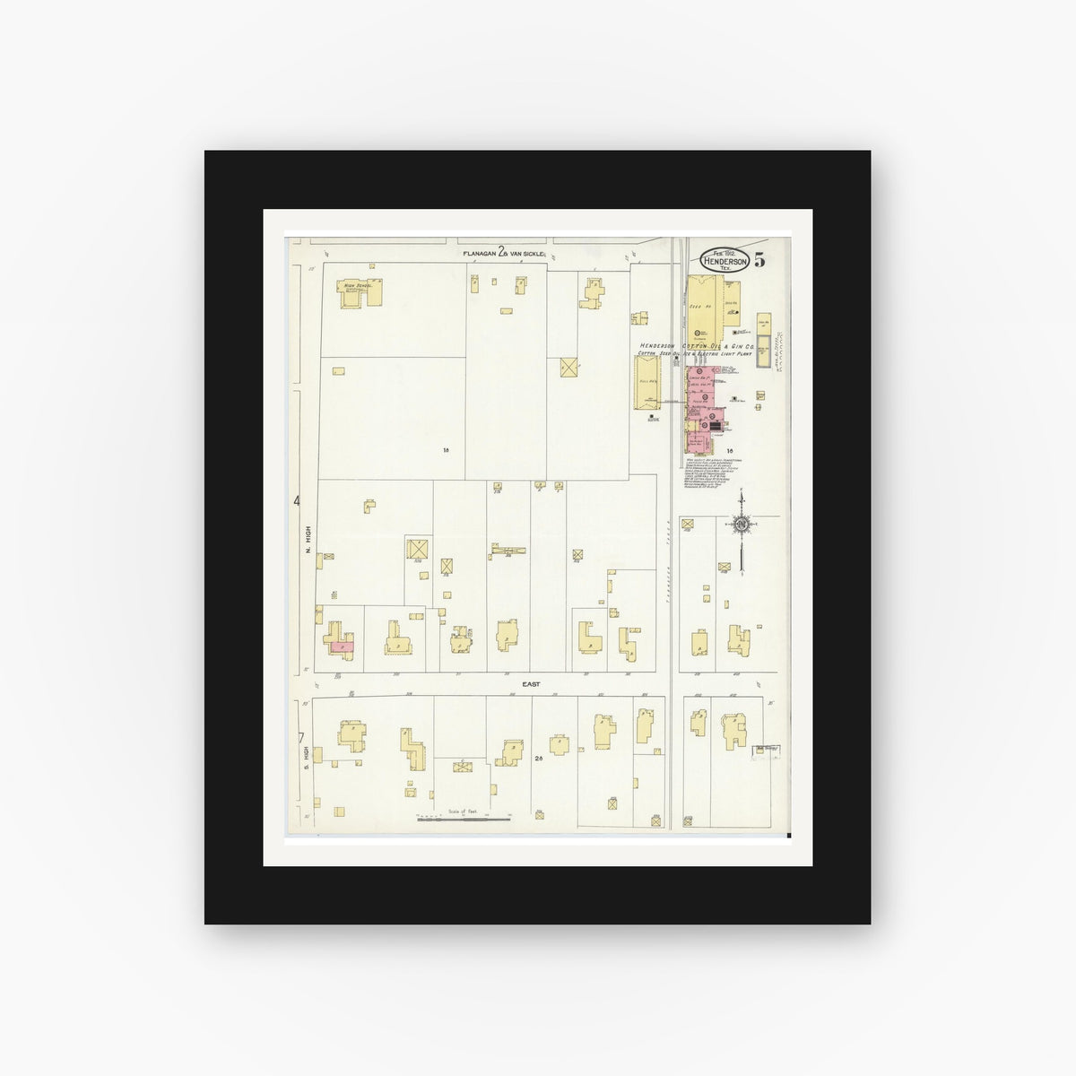 Old map wall art mockup — black gallery frame with white mat — Sanborn Fire Insurance Map from Henderson, Rusk County, Texas (1912), Sheet #0005