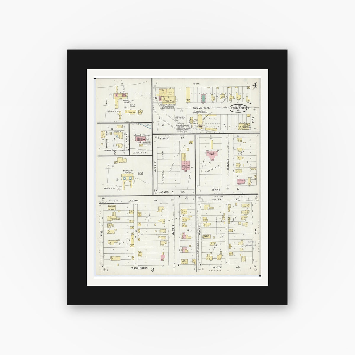Old map wall art mockup — black gallery frame with white mat — Sanborn Fire Insurance Map from Pierce City, Lawrence County, Missouri (1896), Sheet #0004