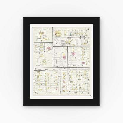 Old map wall art mockup — black gallery frame with white mat — Sanborn Fire Insurance Map from Pierce City, Lawrence County, Missouri (1896), Sheet #0004