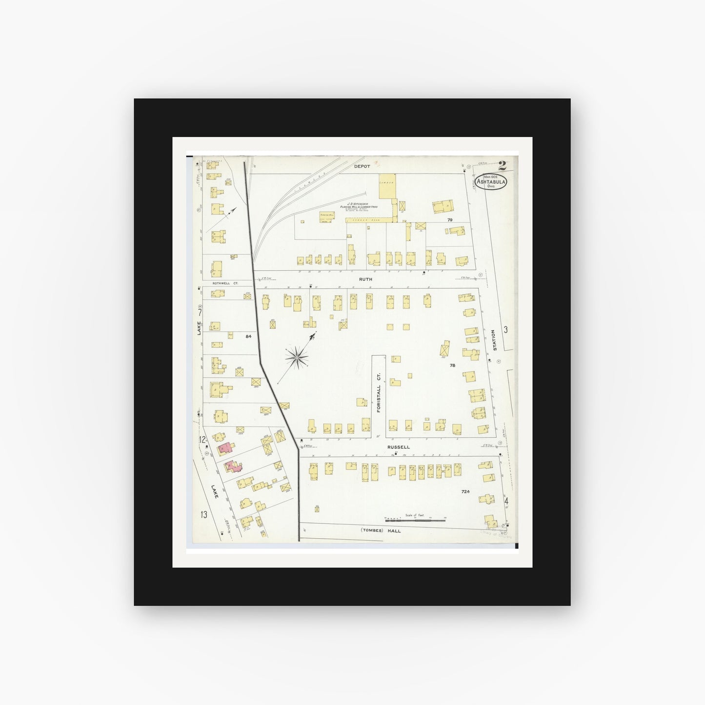 Old map wall art mockup — black gallery frame with white mat — Sanborn Fire Insurance Map from Ashtabula, Ashtabula County, Ohio (1909), Sheet #0002