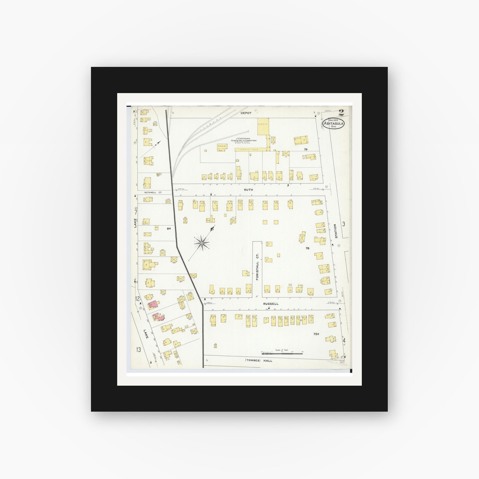 Old map wall art mockup — black gallery frame with white mat — Sanborn Fire Insurance Map from Ashtabula, Ashtabula County, Ohio (1909), Sheet #0002