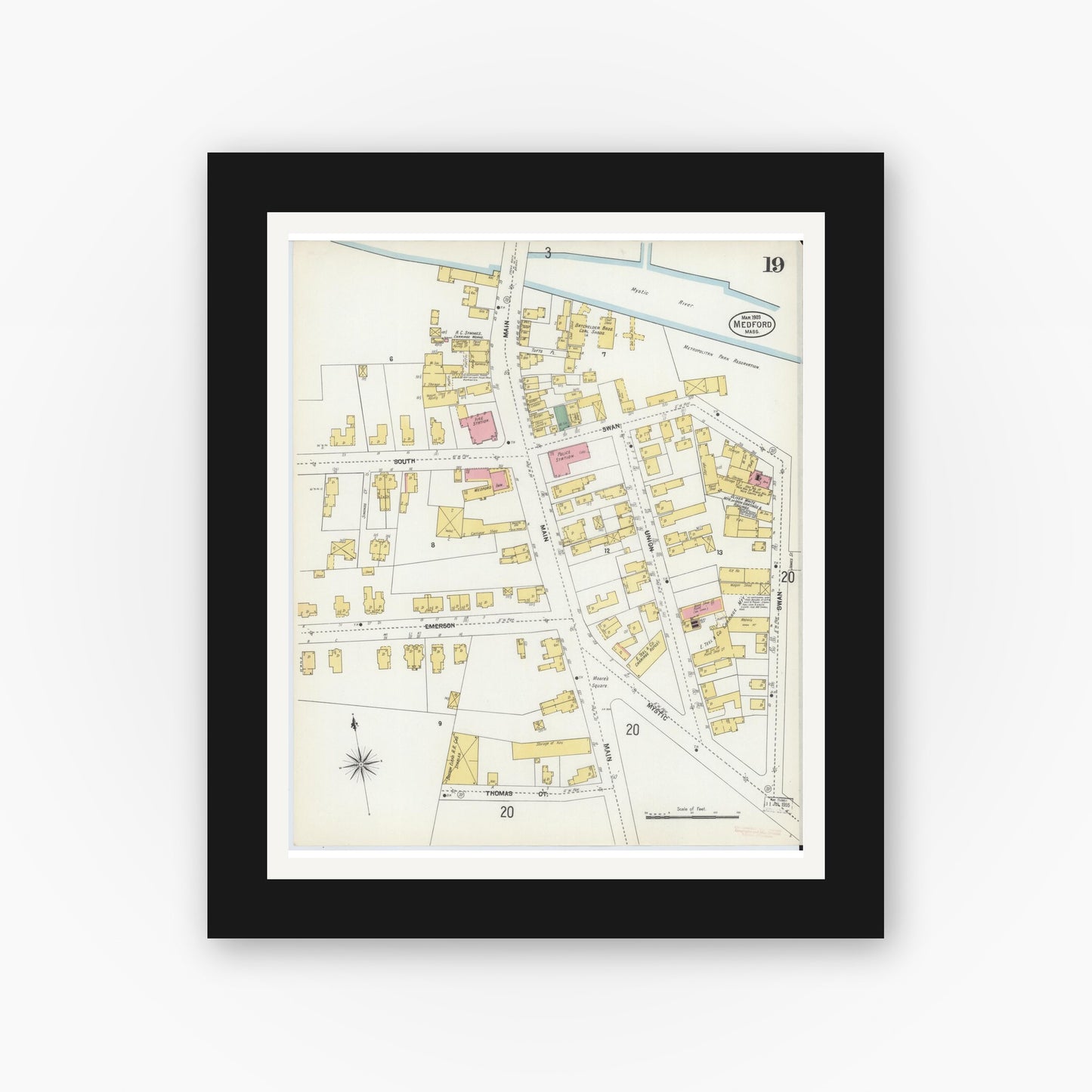 Old map wall art mockup — black gallery frame with white mat — Sanborn Fire Insurance Map from Medford, Middlesex County, Massachusetts (1903), Sheet #0019