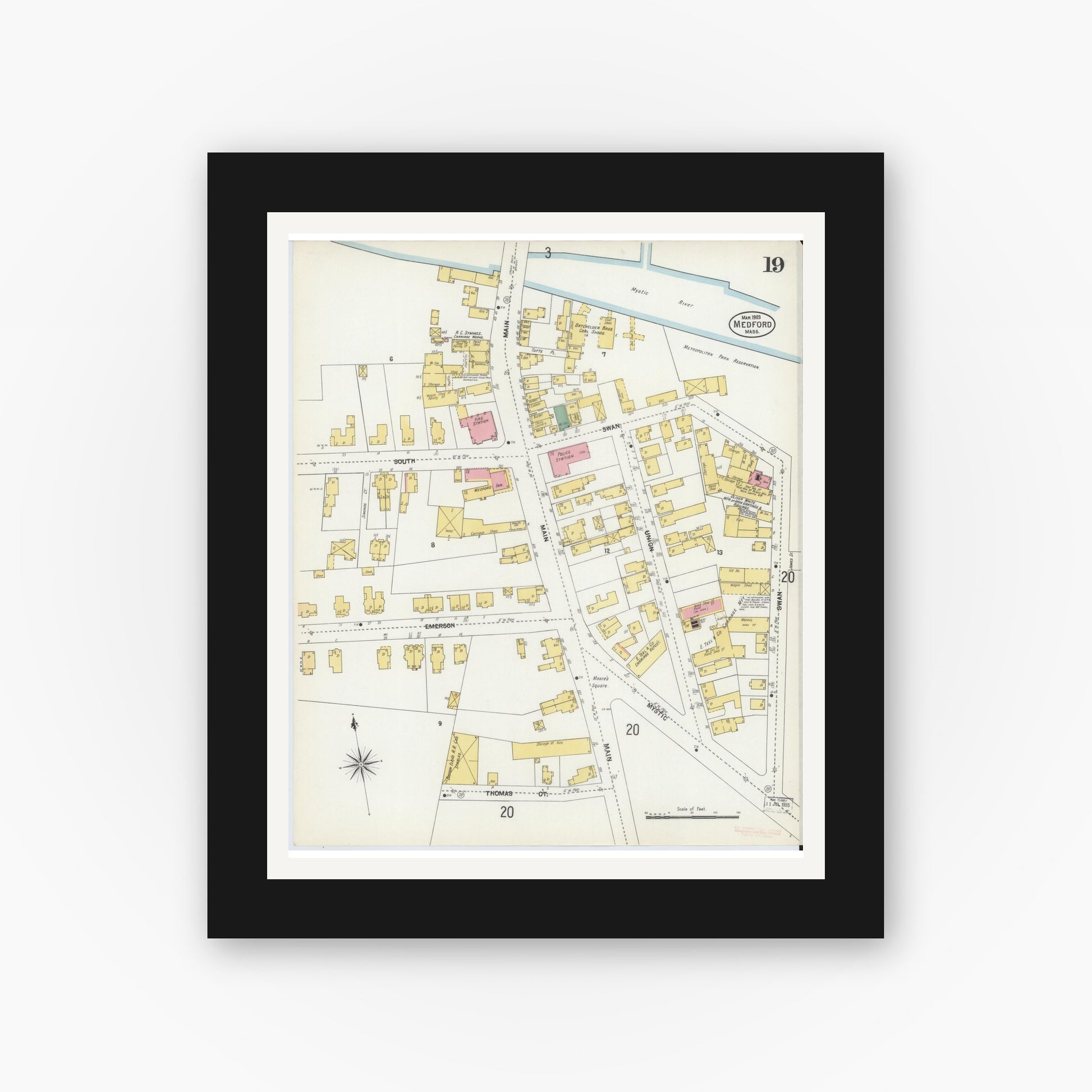 Old map wall art mockup — black gallery frame with white mat — Sanborn Fire Insurance Map from Medford, Middlesex County, Massachusetts (1903), Sheet #0019