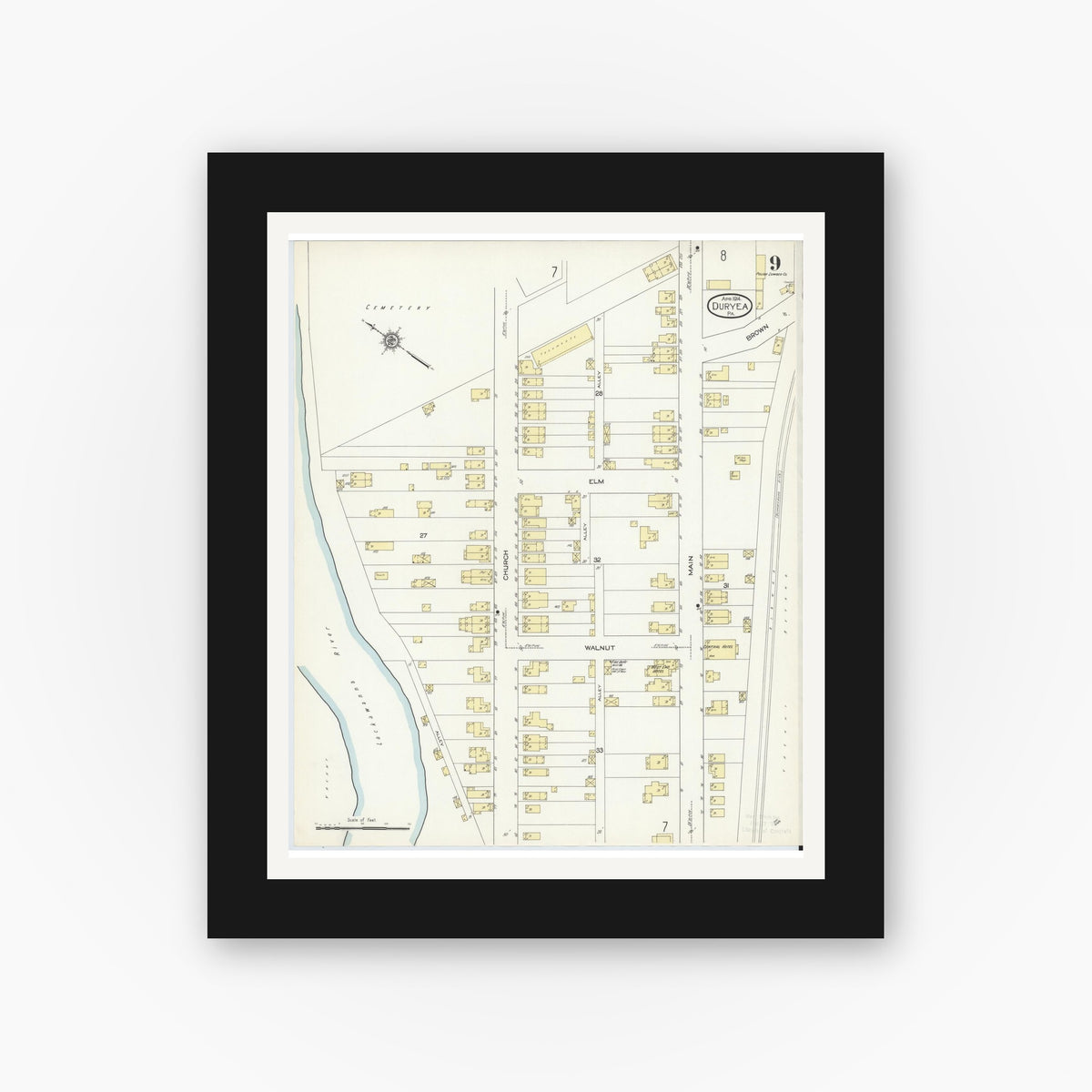 Old map wall art mockup — black gallery frame with white mat — Sanborn Fire Insurance Map from Duryea, Luzerne County, Pennsylvania (1914), Sheet #0009