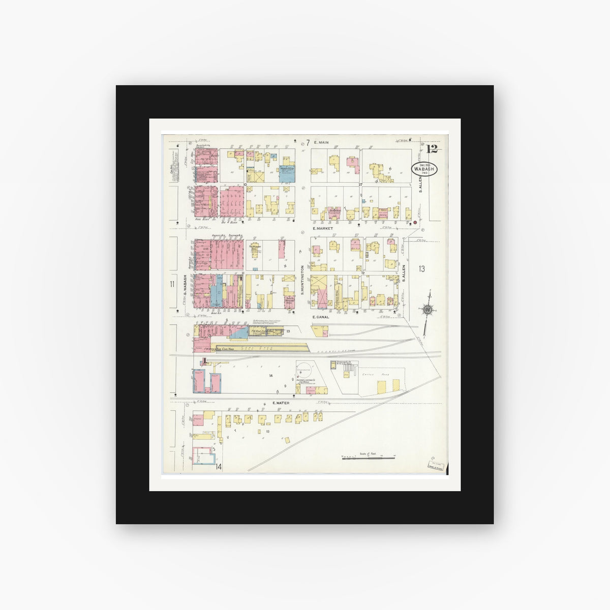 Old map wall art mockup — black gallery frame with white mat — Sanborn Fire Insurance Map from Wabash, Wabash County, Indiana (1910), Sheet #0012