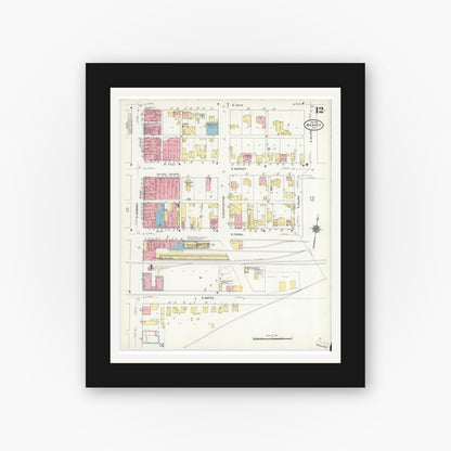 Old map wall art mockup — black gallery frame with white mat — Sanborn Fire Insurance Map from Wabash, Wabash County, Indiana (1910), Sheet #0012