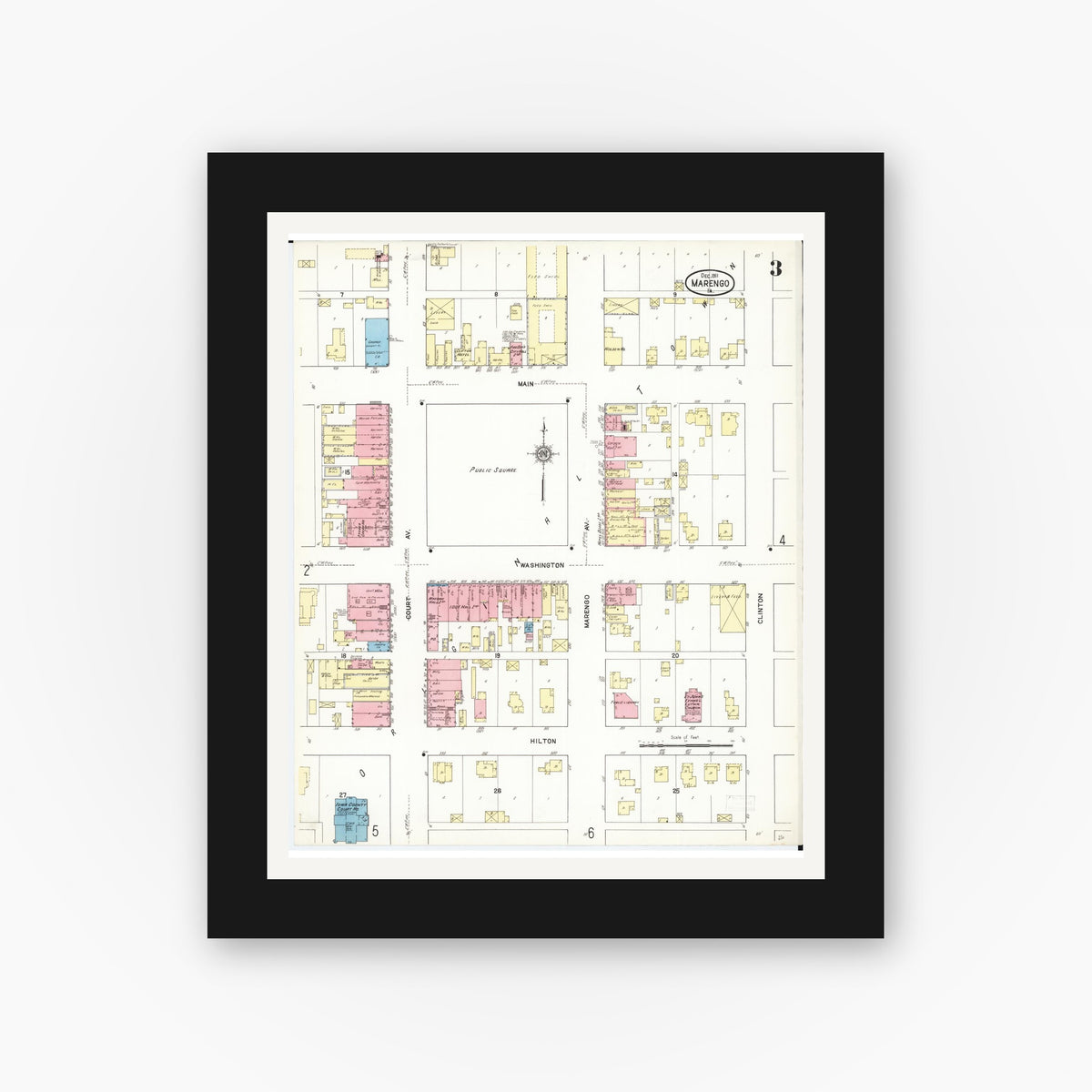 Old map wall art mockup — black gallery frame with white mat — Sanborn Fire Insurance Map from Marengo, Iowa County, Iowa (1911), Sheet #0003