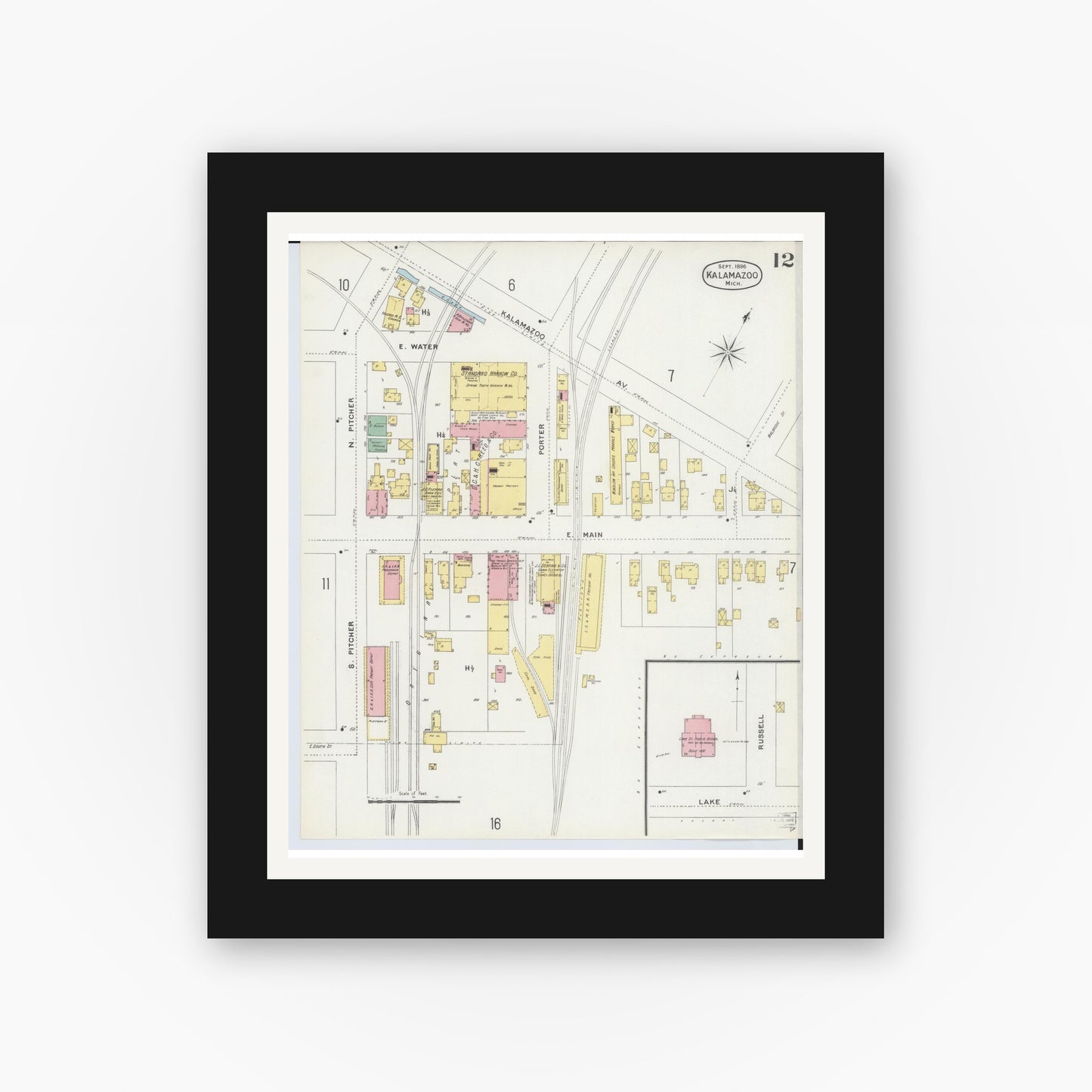 Old map wall art mockup — black gallery frame with white mat — Sanborn Fire Insurance Map from Kalamazoo, Kalamazoo County, Michigan (1896), Sheet #0012