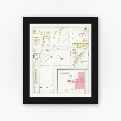 Old map wall art mockup — black gallery frame with white mat — Sanborn Fire Insurance Map from Beaumont, Jefferson County, Texas (1904), Sheet #0015