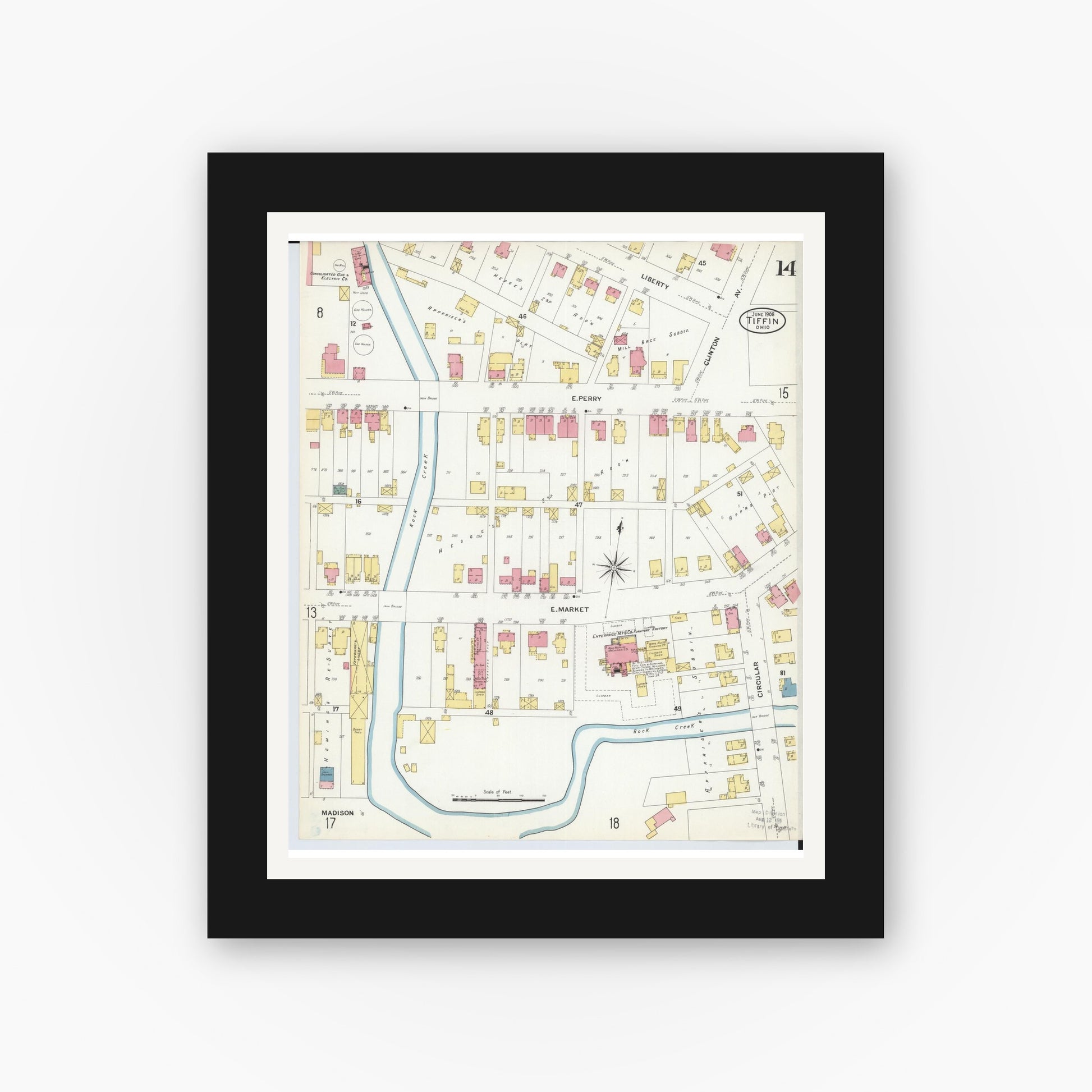 Old map wall art mockup — black gallery frame with white mat — Sanborn Fire Insurance Map from Tiffin, Seneca County, Ohio (1908), Sheet #0014