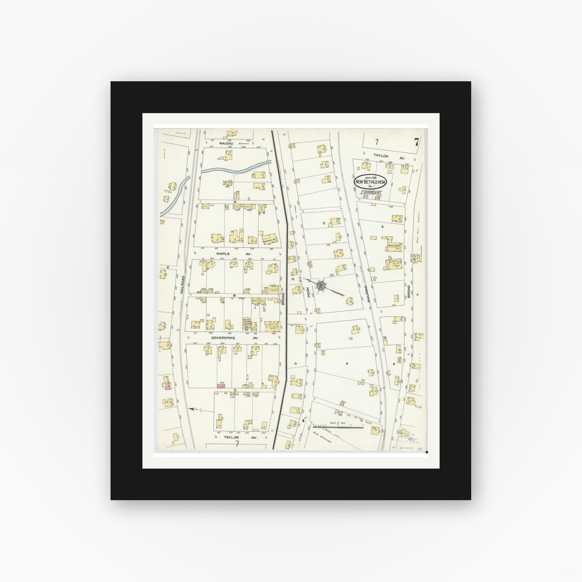 Old map wall art mockup — black gallery frame with white mat — Sanborn Fire Insurance Map from New Bethlehem, Clarion County, Pennsylvania (1910), Sheet #0007