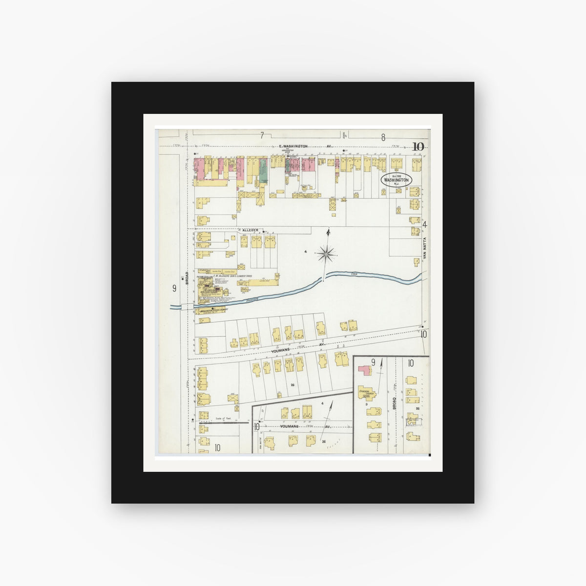 Old map wall art mockup — black gallery frame with white mat — Sanborn Fire Insurance Map from Washington, Warren County, New Jersey (1902), Sheet #0010