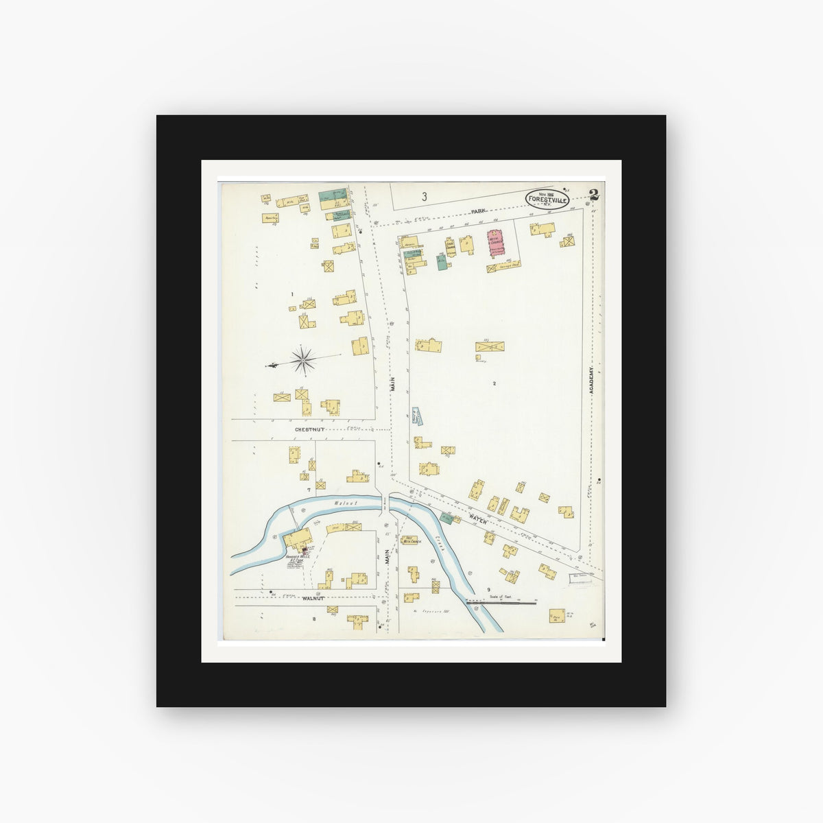 Old map wall art mockup — black gallery frame with white mat — Sanborn Fire Insurance Map from Forestville, Chautauqua County, New York (1906), Sheet #0002