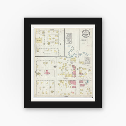 Old map wall art mockup — black gallery frame with white mat — Sanborn Fire Insurance Map from Richmond, McHenry County, Illinois (1912), Sheet #0001