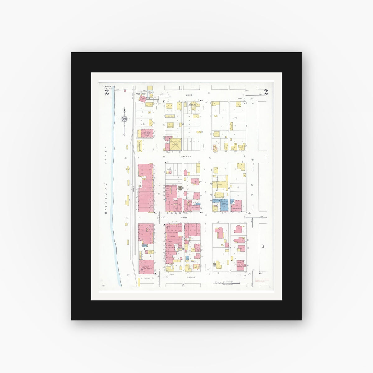 Old map wall art mockup — black gallery frame with white mat — Sanborn Fire Insurance Map from Glasgow, Howard County, Missouri (1935), Sheet #0002