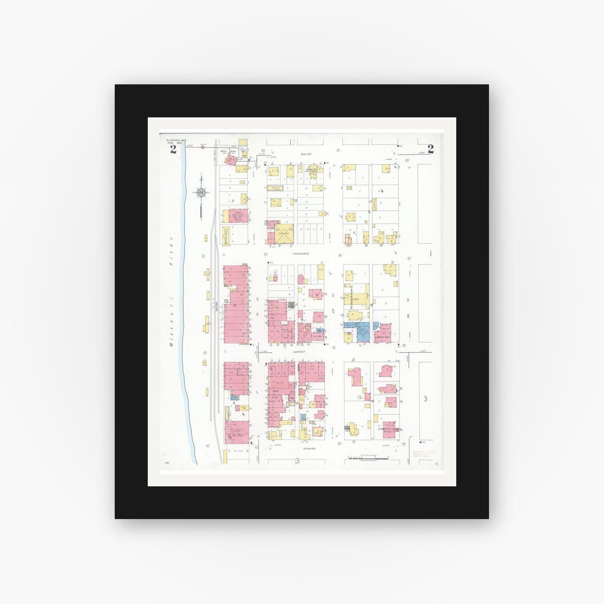 Old map wall art mockup — black gallery frame with white mat — Sanborn Fire Insurance Map from Glasgow, Howard County, Missouri (1935), Sheet #0002