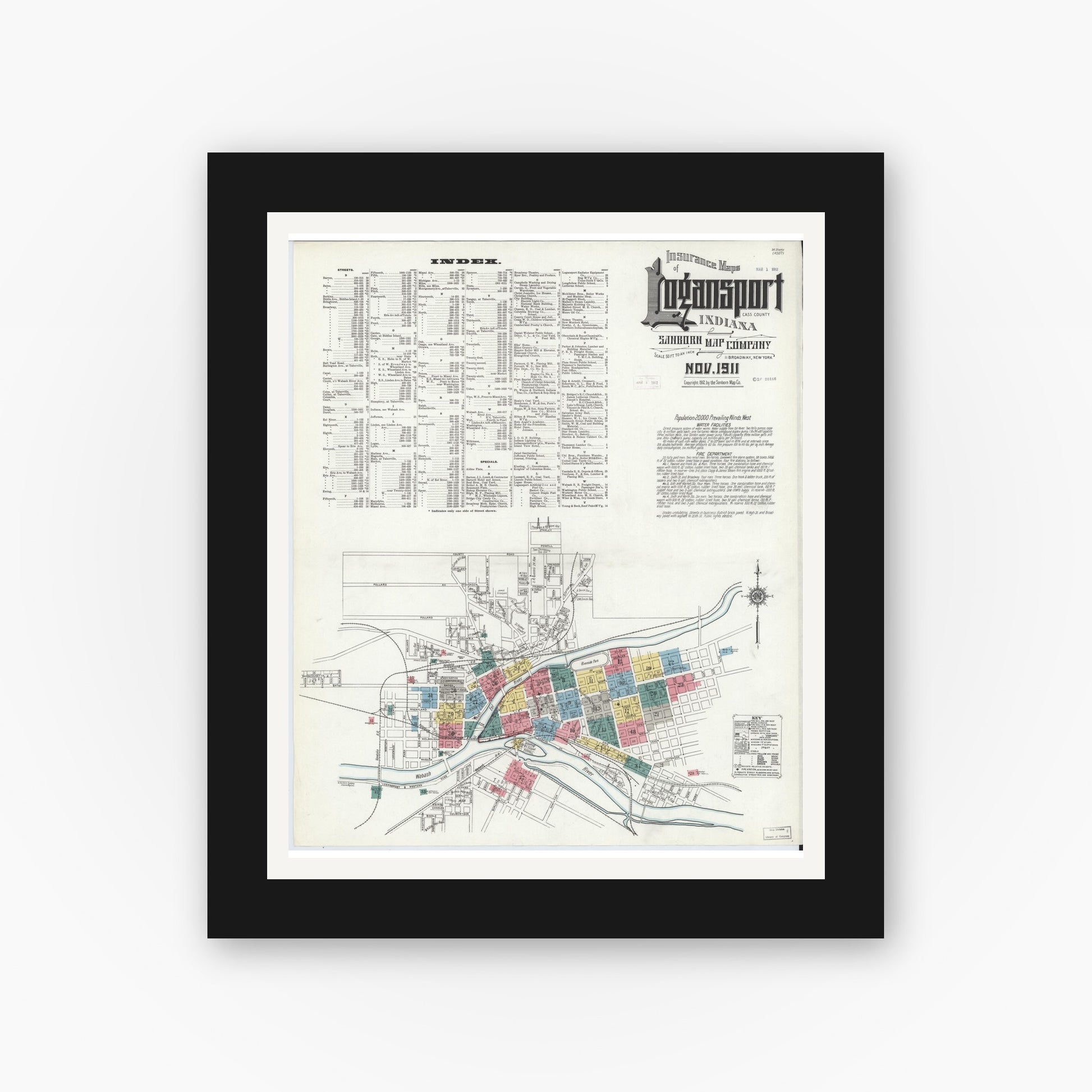 Old map wall art mockup — black gallery frame with white mat — Sanborn Fire Insurance Map from Logansport, Cass County, Indiana (1911), Sheet #0001
