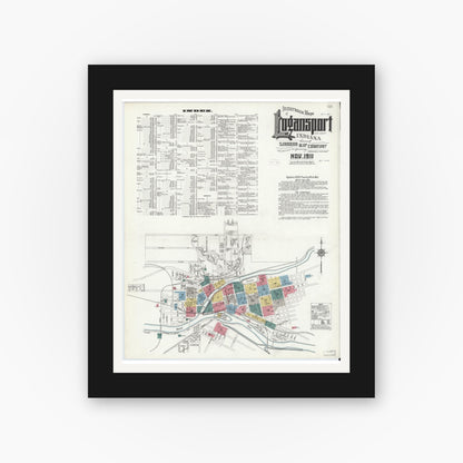 Old map wall art mockup — black gallery frame with white mat — Sanborn Fire Insurance Map from Logansport, Cass County, Indiana (1911), Sheet #0001