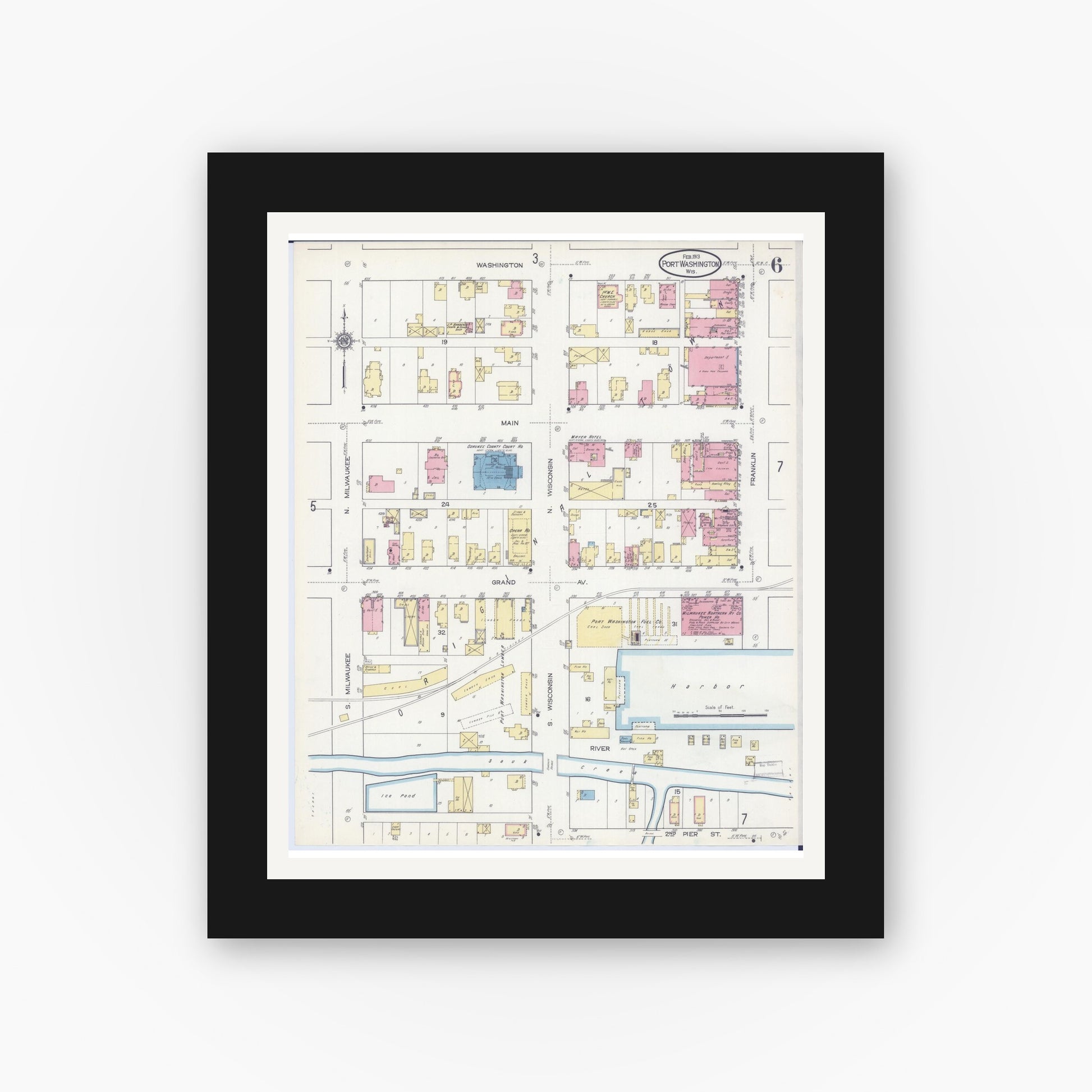 Old map wall art mockup — black gallery frame with white mat — Sanborn Fire Insurance Map from Port Washington, Ozaukee County, Wisconsin (1913), Sheet #0006