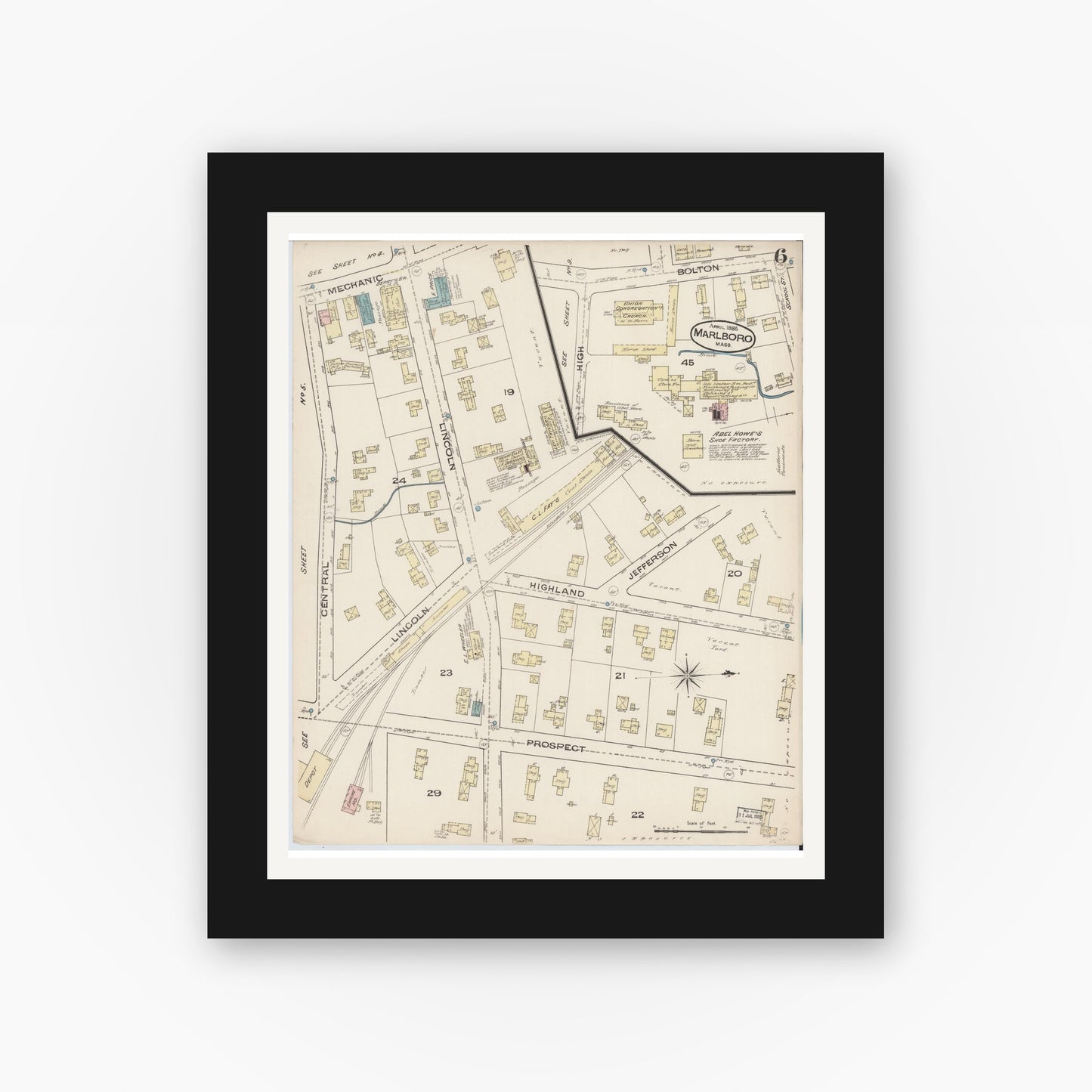 Old map wall art mockup — black gallery frame with white mat — Sanborn Fire Insurance Map from Marlborough, Middlesex County, Massachusetts (1885), Sheet #0006