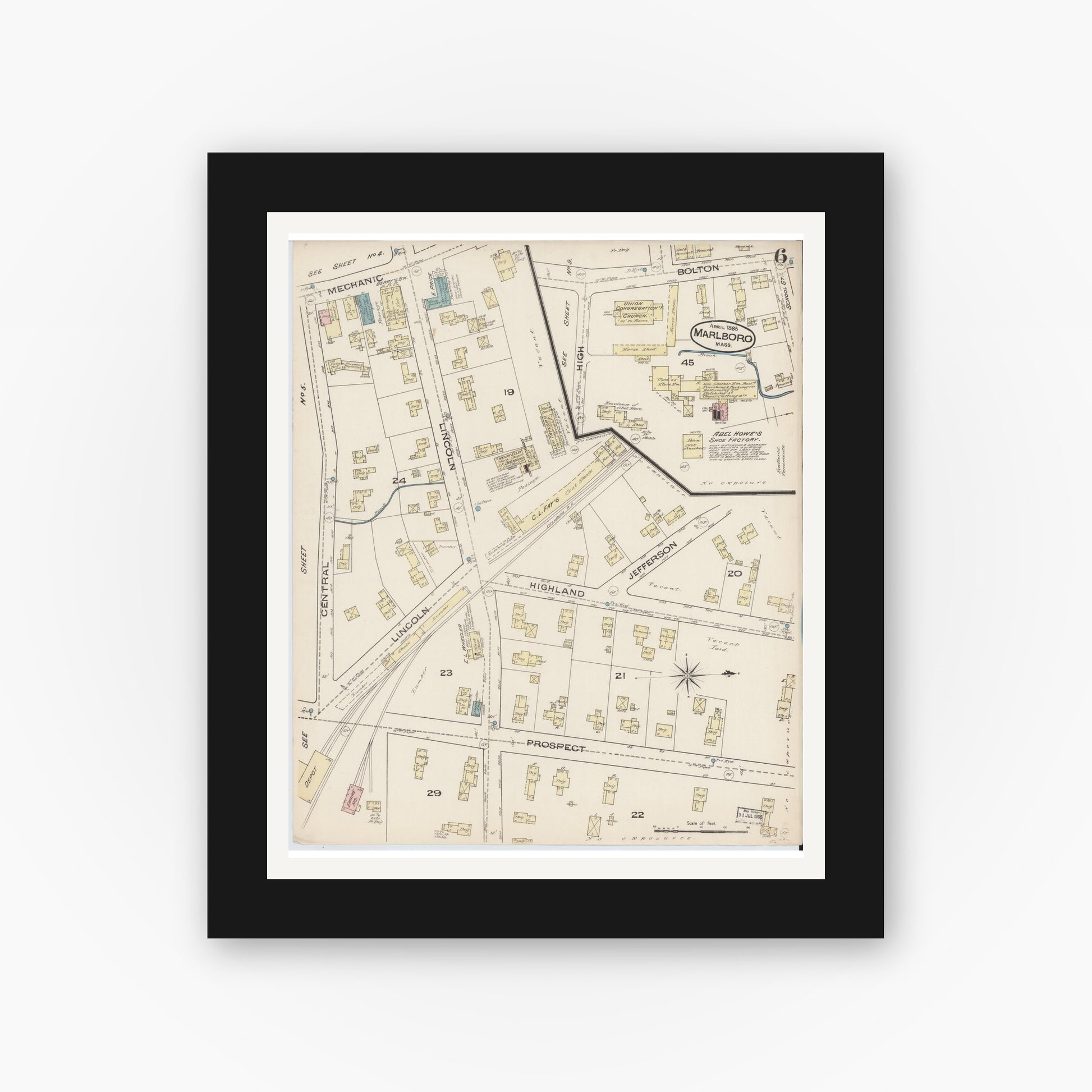 Old map wall art mockup — black gallery frame with white mat — Sanborn Fire Insurance Map from Marlborough, Middlesex County, Massachusetts (1885), Sheet #0006