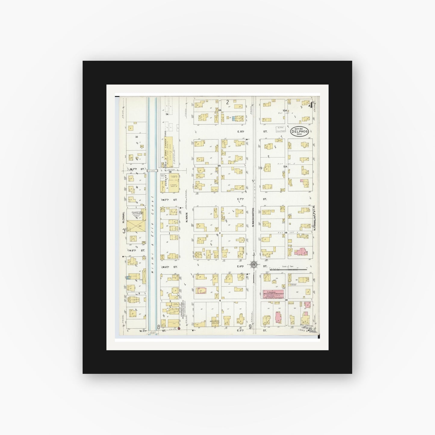 Old map wall art mockup — black gallery frame with white mat — Sanborn Fire Insurance Map from Delphos, Van Wert And Allen Counties, Ohio (1911), Sheet #0004