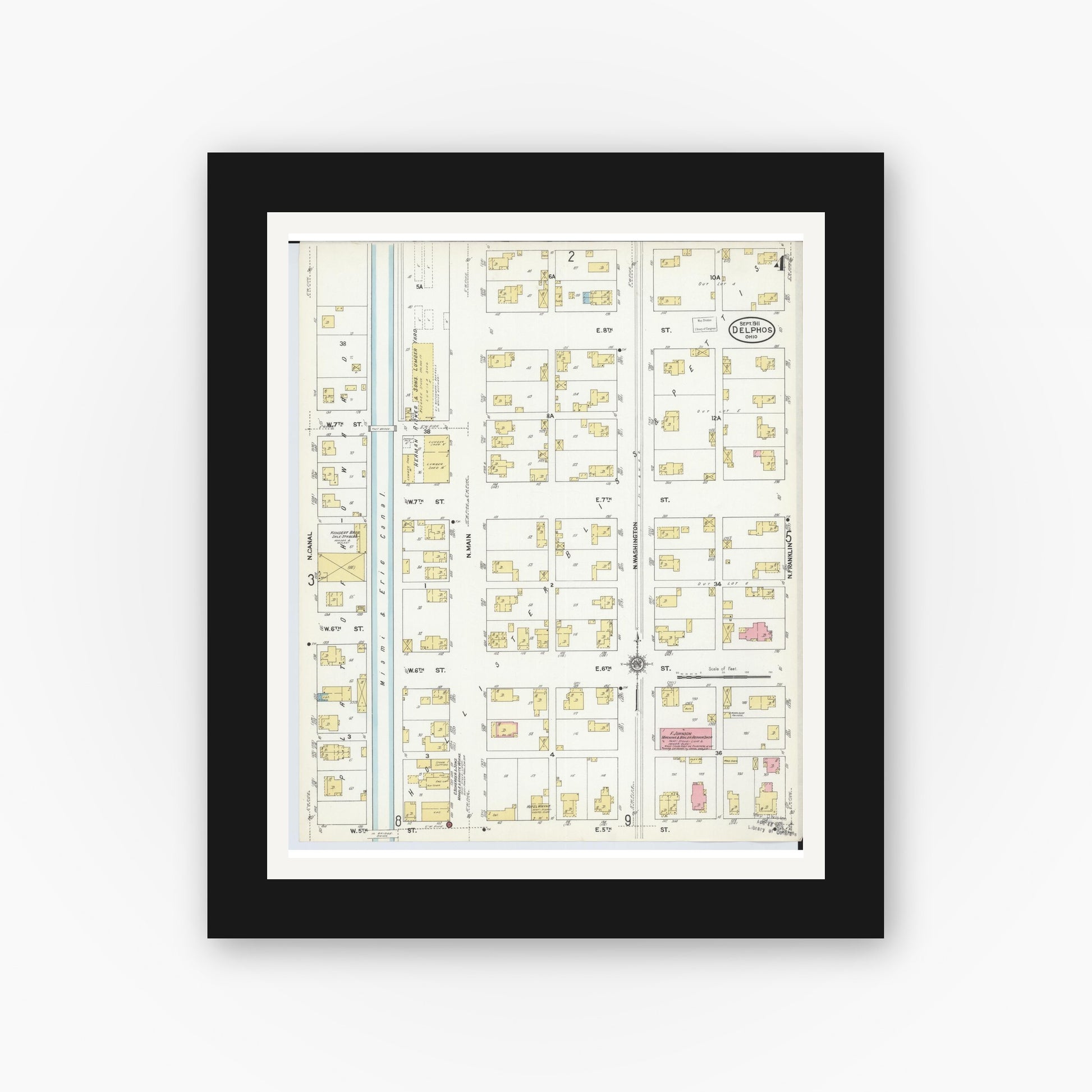 Old map wall art mockup — black gallery frame with white mat — Sanborn Fire Insurance Map from Delphos, Van Wert And Allen Counties, Ohio (1911), Sheet #0004